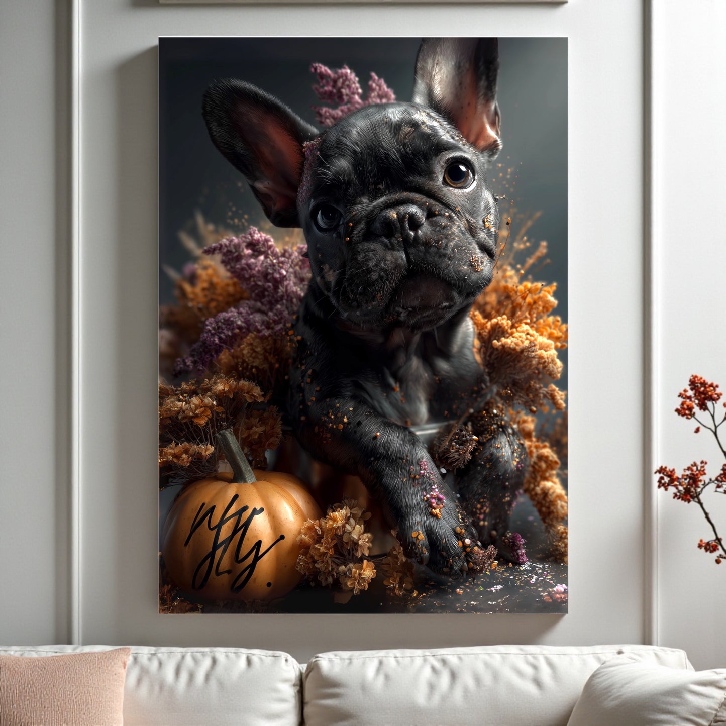 French Bulldog Fall Print: Autumn Pumpkin & Flowers - Dog Lover Gift