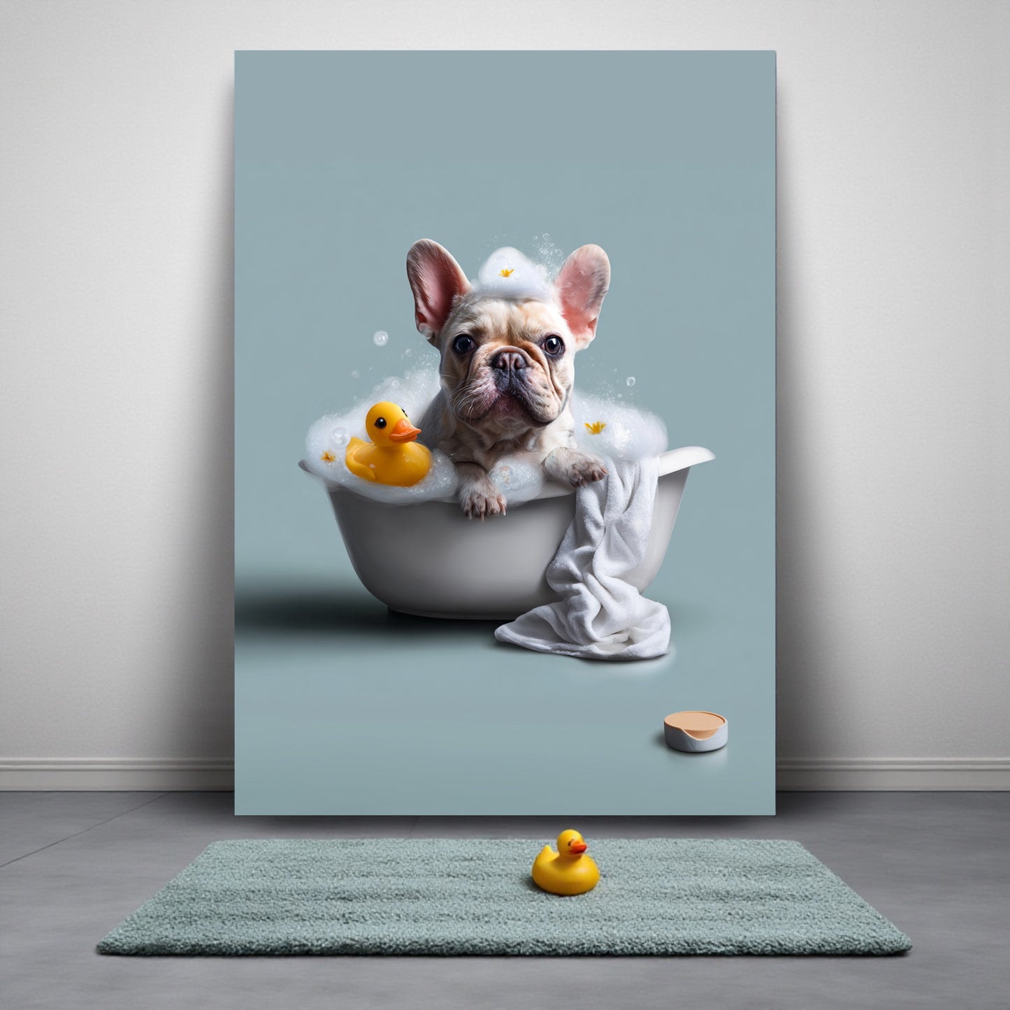 French Bulldog in Bathtub Art Print: Funny Bathroom Pet Decor (A2 Size)