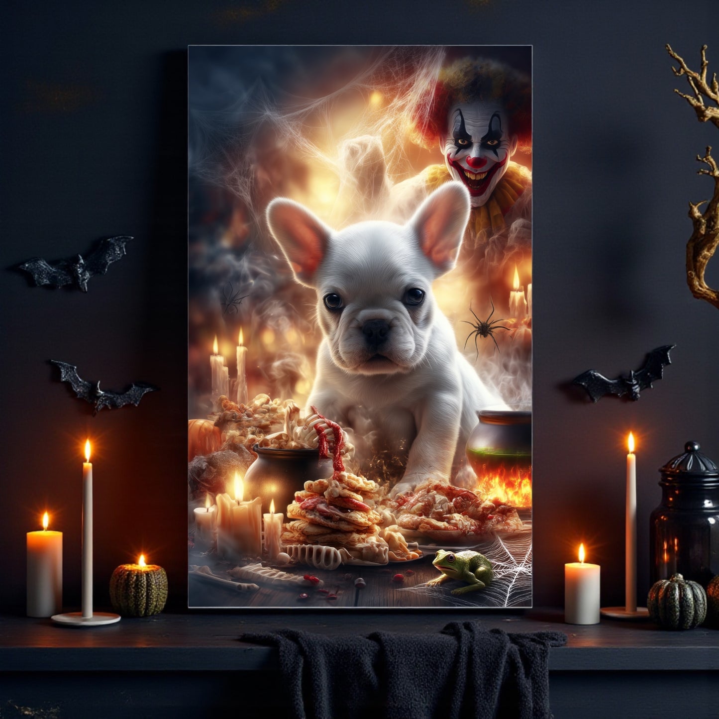 Spooky French Bulldog Halloween Poster: Gothic Clown Decor, A2 Print