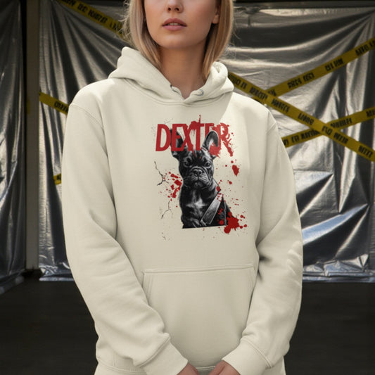 Dexter French Bulldog Hoodie | Funny Dark Humor Dog Hoodie | Frenchie Lover Unisex Sweatshirt | Killer Cute Gift for Pet Owners | Halloween Dog Hoodie