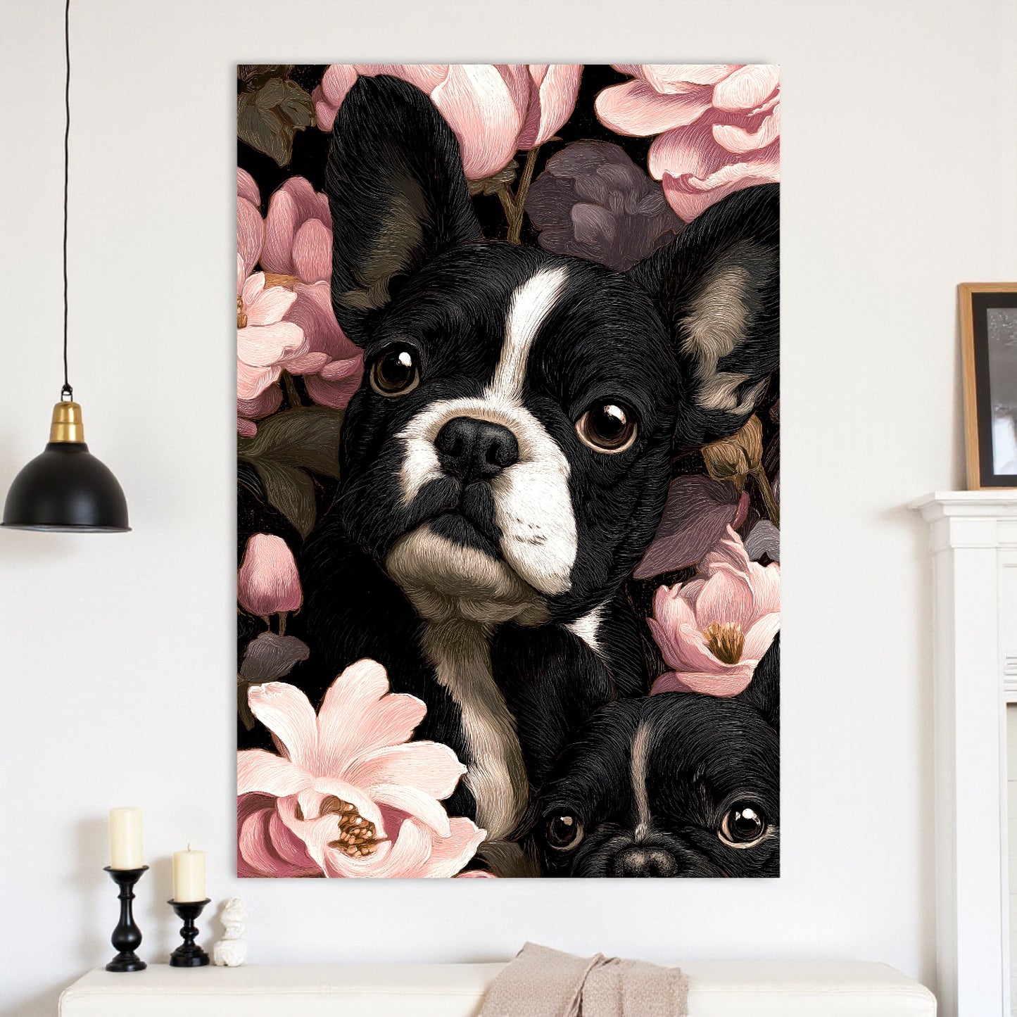 French Bulldog Floral Canvas | Elegant Frenchie Wall Art 18″×26″ | Dog Lover Gift | Frenchie Mom Home Decor | Aesthetic Pet Portrait Canvas Print