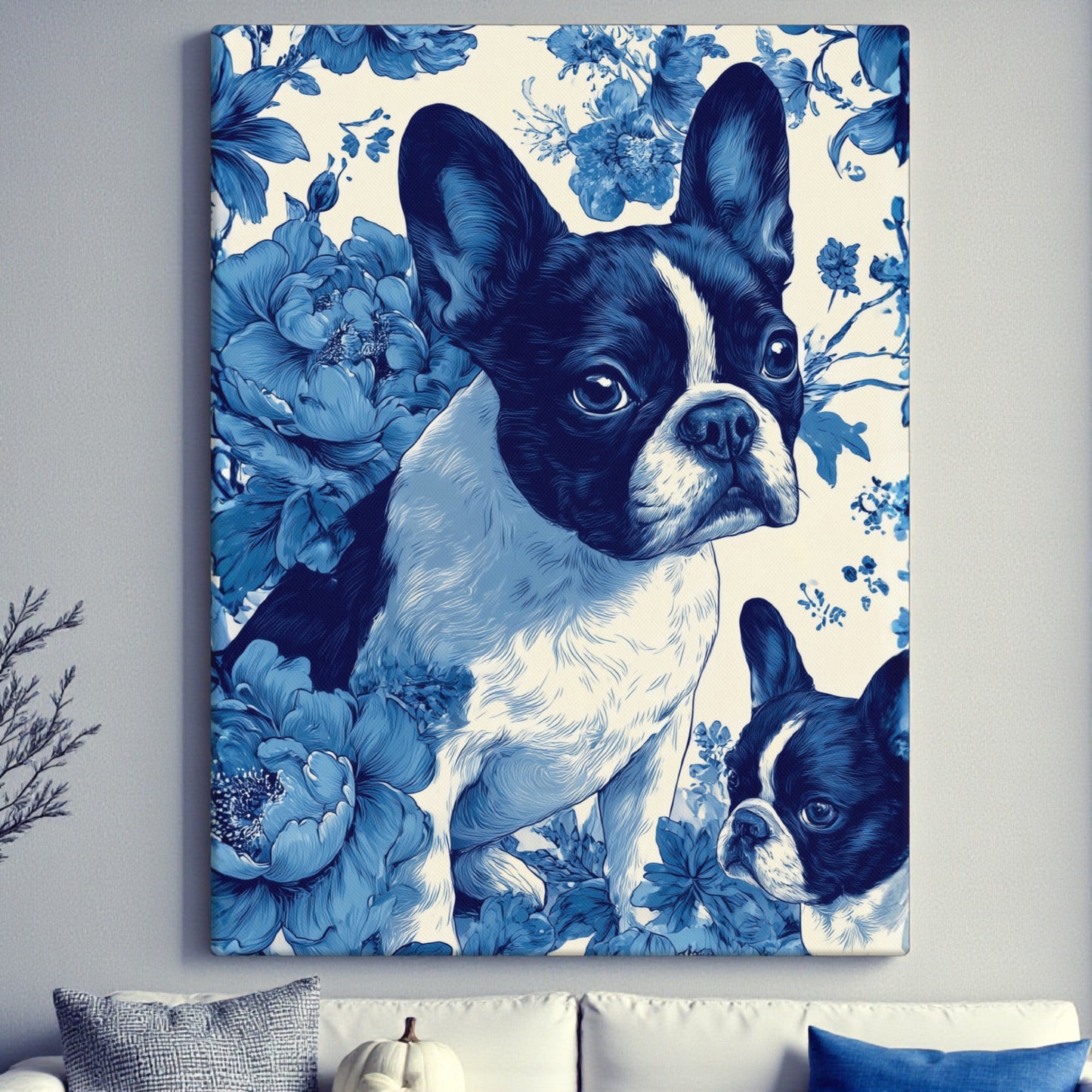French Bulldog Floral Canvas Wall Art | Elegant Frenchie Dog Lover Gift | Pet Portrait Home Decor | 18x26, 20x30, 24x32, 20x28, 16x24 Canvas Print