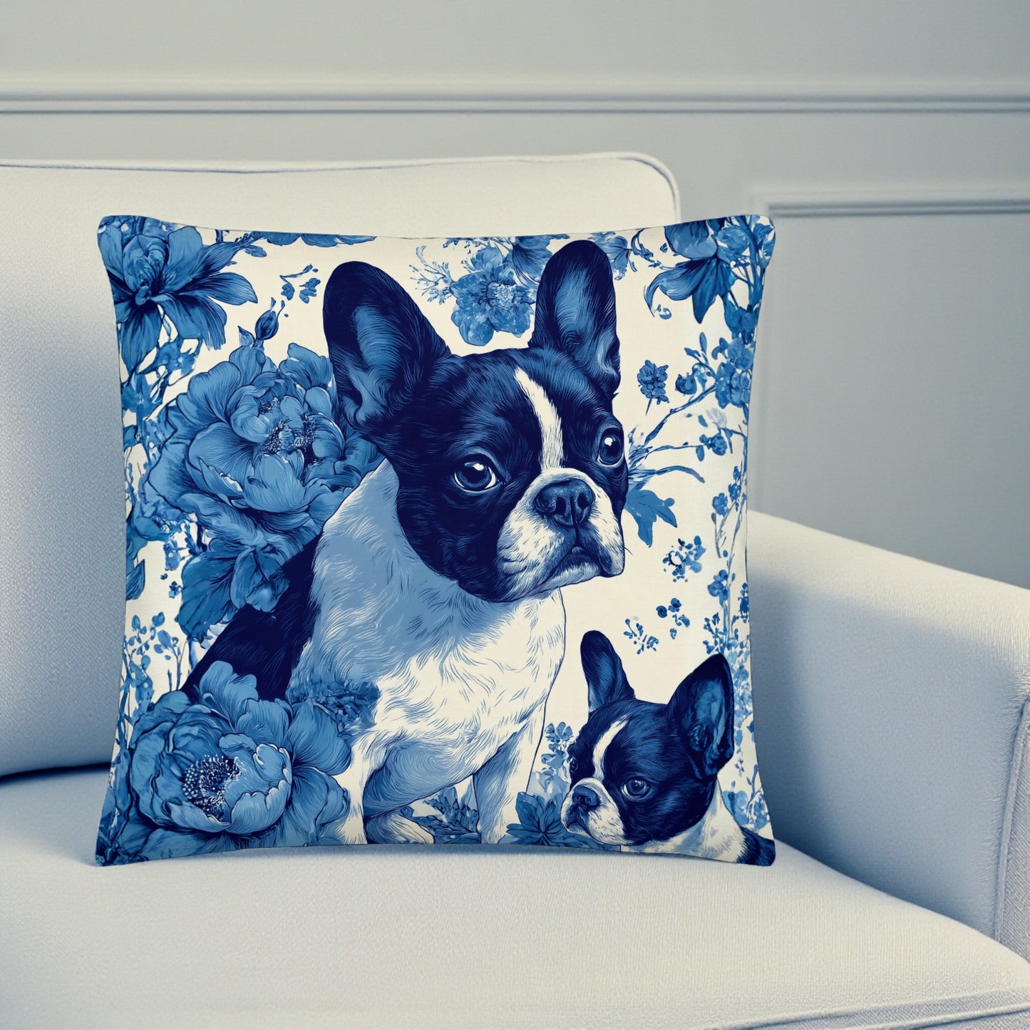 French Bulldog Blue Floral Premium Pillow | Elegant Frenchie Decorative Cushion | Dog Lover Home Decor | All-Over Print Throw Pillow 18x18, 22x22