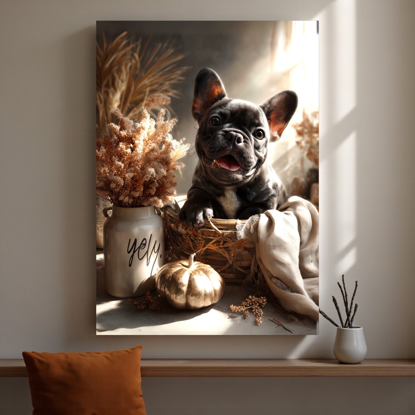 French Bulldog Fall Print: Golden Pumpkin Basket, Cozy Autumn Decor