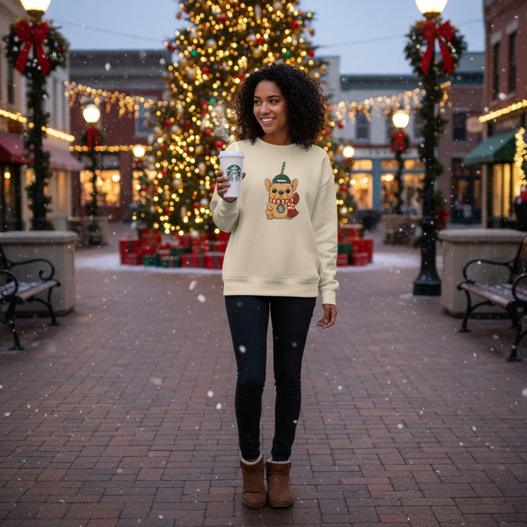 French Bulldog Christmas Cup Sweatshirt | Cozy Organic Midweight Sweatshirt | Cute Frenchie Holiday Sweater for Dog Lovers & Frenchie Moms