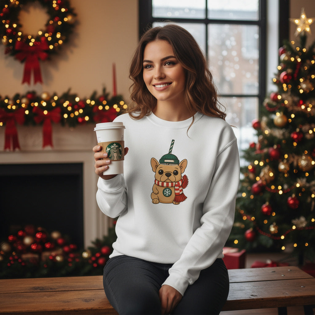 French Bulldog Christmas Cup Sweatshirt | Cozy Organic Midweight Sweatshirt | Cute Frenchie Holiday Sweater for Dog Lovers & Frenchie Moms