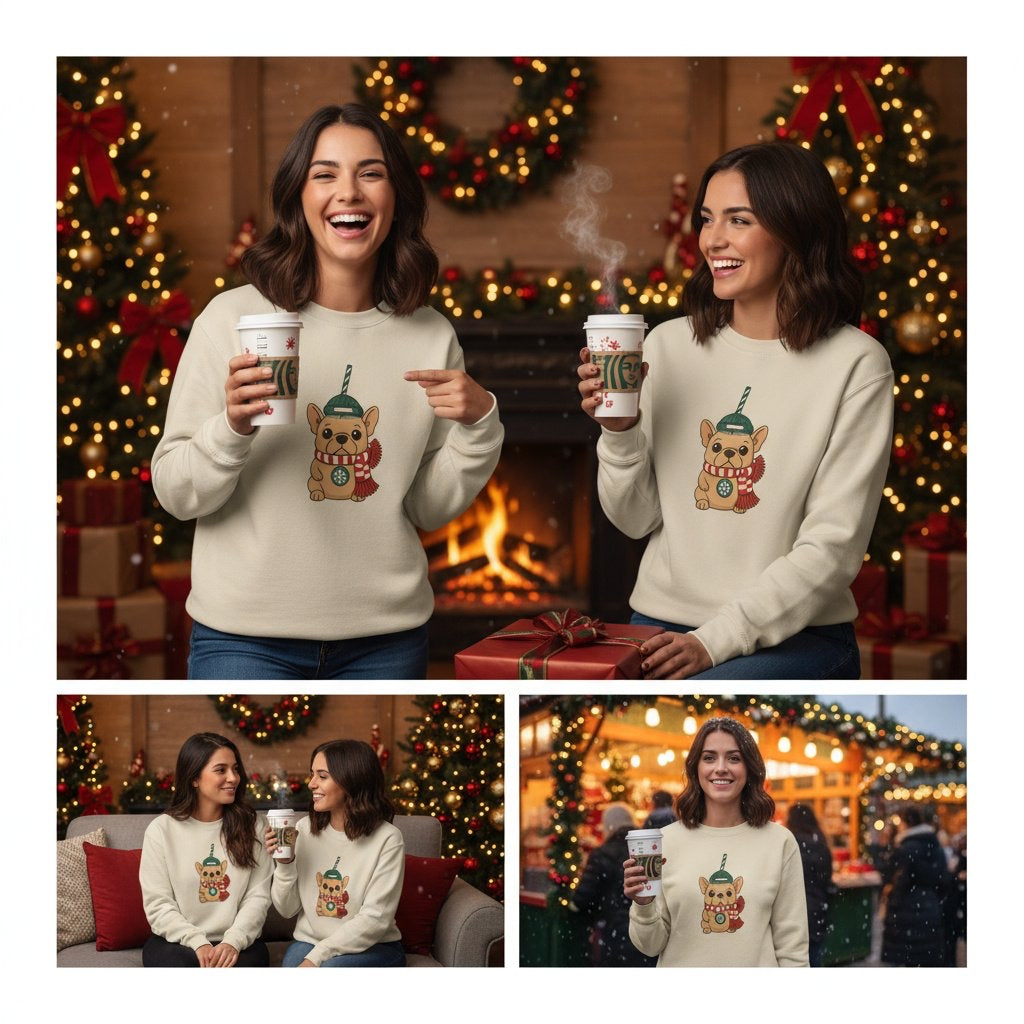 French Bulldog Christmas Cup Sweatshirt | Cozy Organic Midweight Sweatshirt | Cute Frenchie Holiday Sweater for Dog Lovers & Frenchie Moms