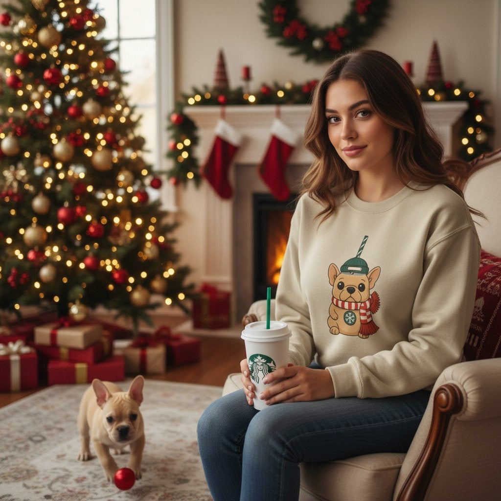 French Bulldog Christmas Cup Sweatshirt | Cozy Organic Midweight Sweatshirt | Cute Frenchie Holiday Sweater for Dog Lovers & Frenchie Moms