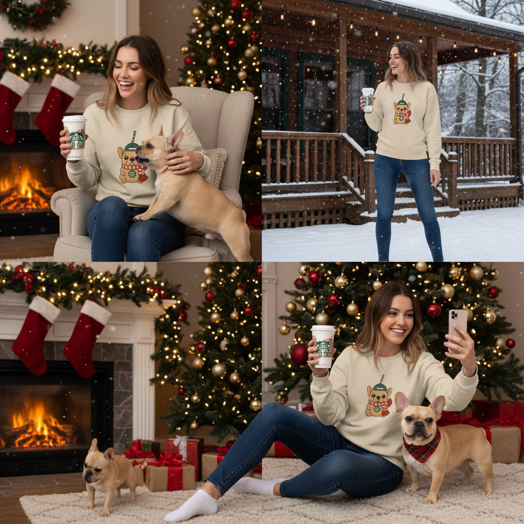 French Bulldog Christmas Cup Sweatshirt | Cozy Organic Midweight Sweatshirt | Cute Frenchie Holiday Sweater for Dog Lovers & Frenchie Moms