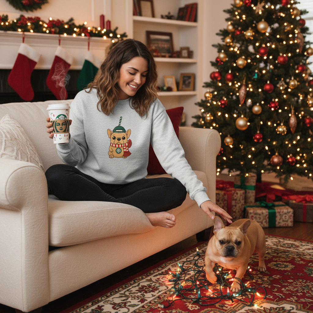 French Bulldog Christmas Cup Sweatshirt | Cozy Organic Midweight Sweatshirt | Cute Frenchie Holiday Sweater for Dog Lovers & Frenchie Moms