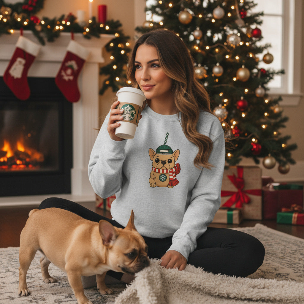 French Bulldog Christmas Cup Sweatshirt | Cozy Organic Midweight Sweatshirt | Cute Frenchie Holiday Sweater for Dog Lovers & Frenchie Moms