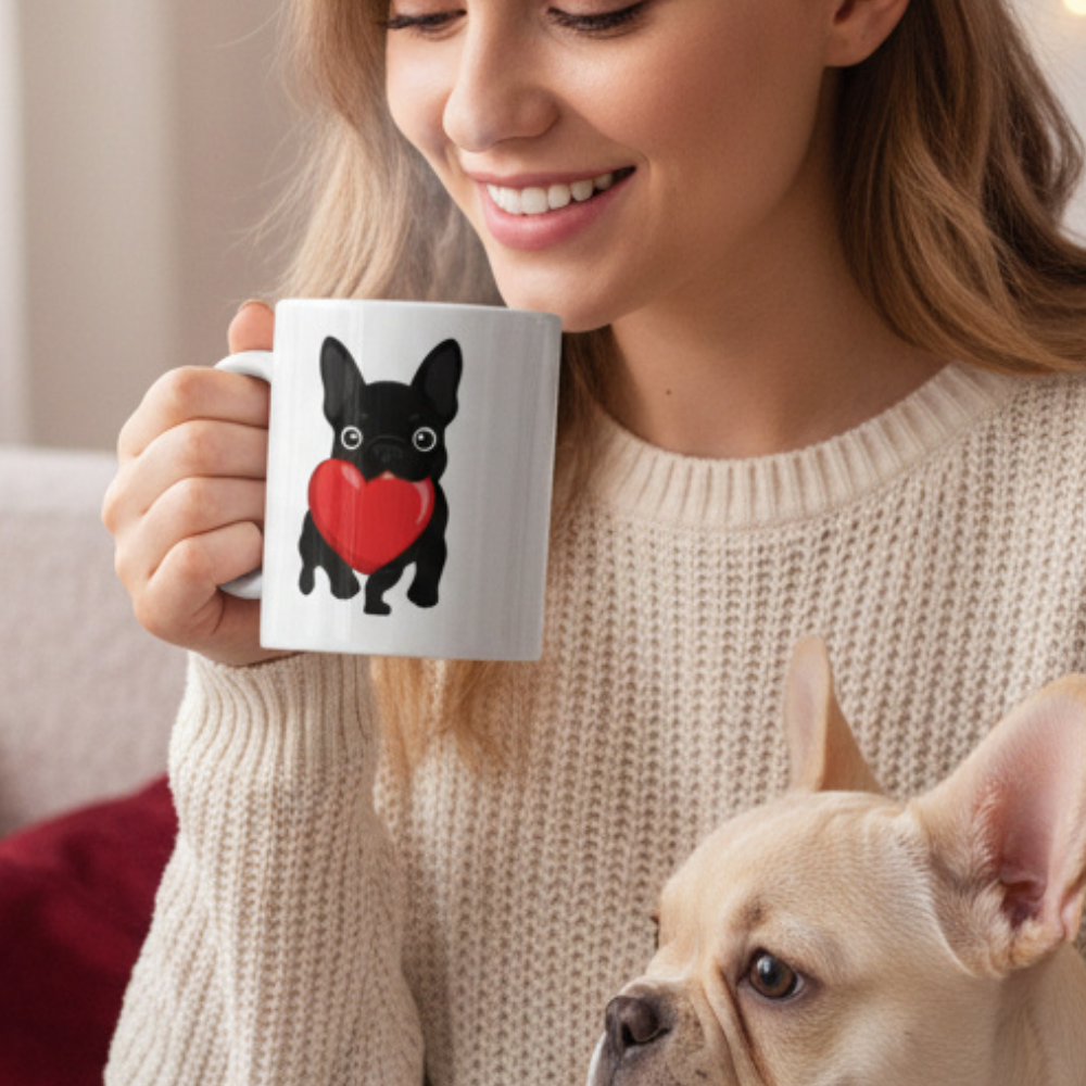Cute French Bulldog Valentine mug with heart design. Perfect coffee mug gift for dog moms, Frenchie lovers, and pet parents.