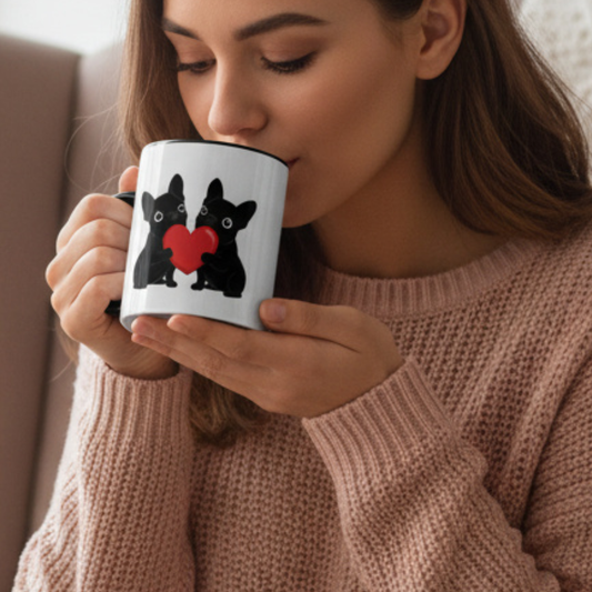 Cute French Bulldog Valentine mug for dog lovers. Frenchie couple heart design, perfect coffee mug gift for Frenchie moms & couples.