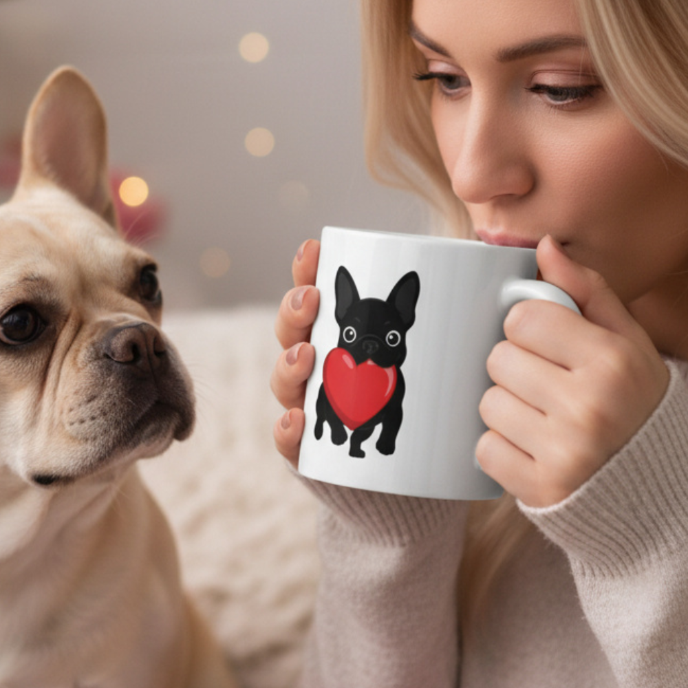 Cute French Bulldog Valentine mug with heart design. Perfect coffee mug gift for dog moms, Frenchie lovers, and pet parents.