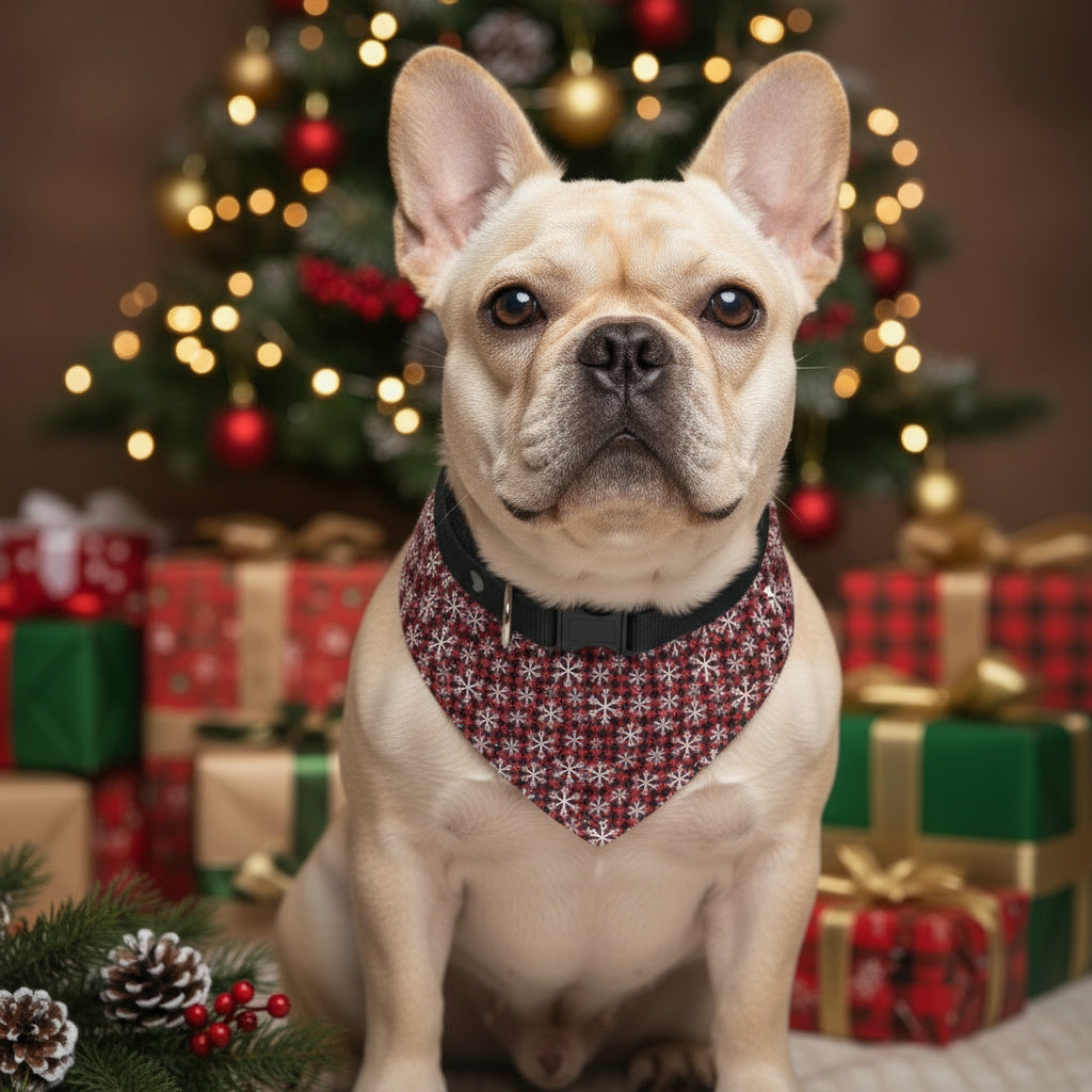 Christmas Dog Bandana Collar | French Bulldog Plaid Bandana | Matching Family Pajama Set | Holiday Pet Accessory | 4 Sizes | Snowflake Plaid