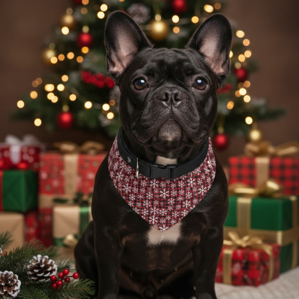 Christmas Dog Bandana Collar | French Bulldog Plaid Bandana | Matching Family Pajama Set | Holiday Pet Accessory | 4 Sizes | Snowflake Plaid