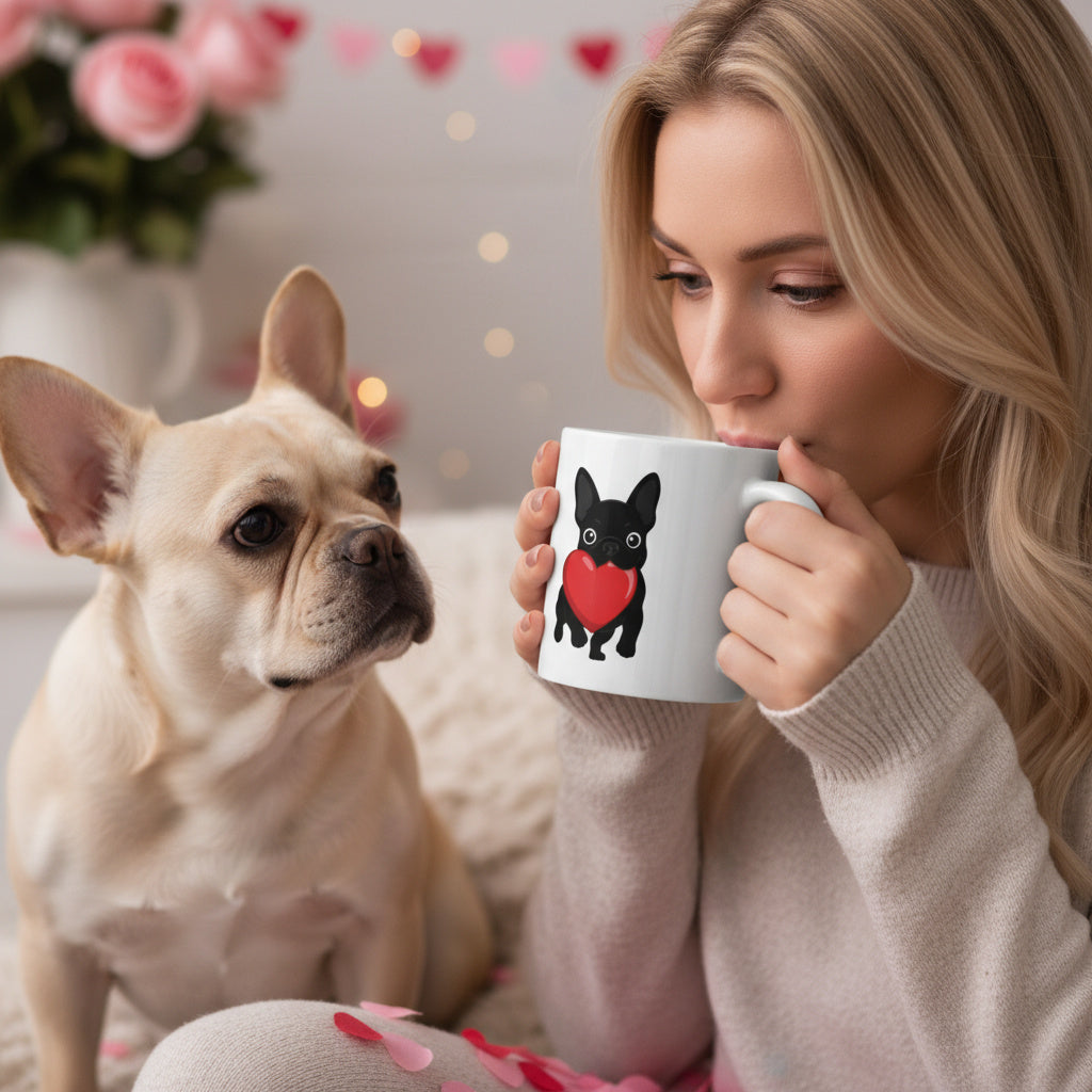 Cute French Bulldog Valentine mug with heart design. Perfect coffee mug gift for dog moms, Frenchie lovers, and pet parents.