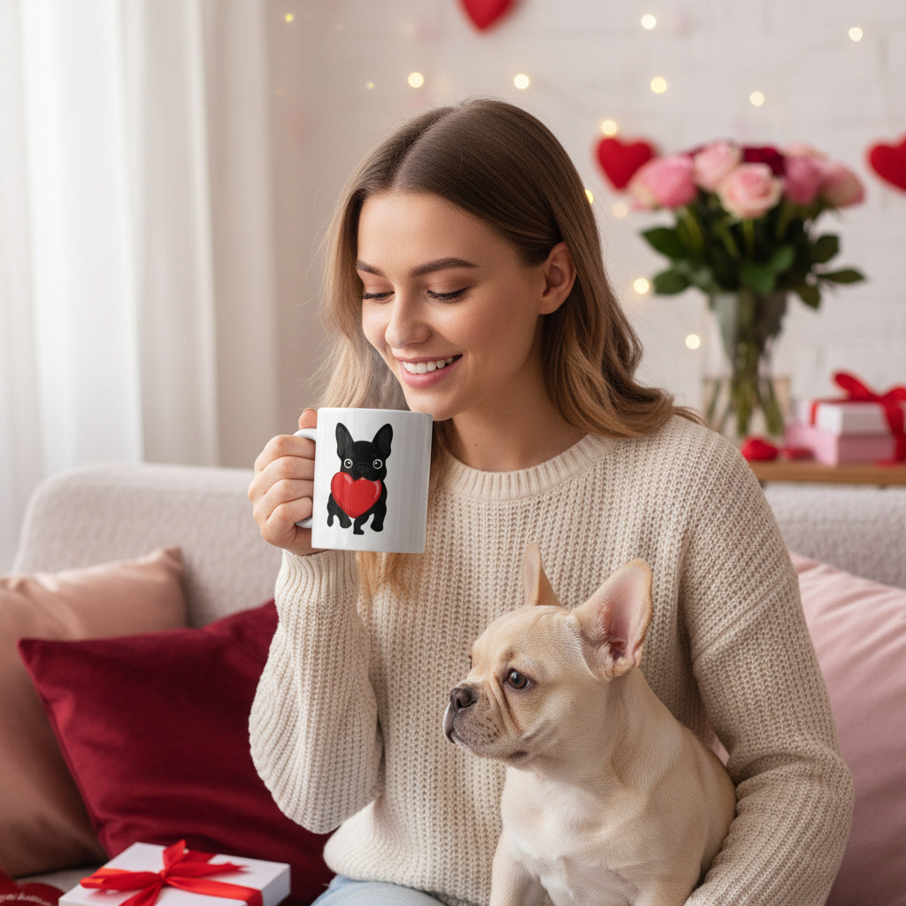 Cute French Bulldog Valentine mug with heart design. Perfect coffee mug gift for dog moms, Frenchie lovers, and pet parents.