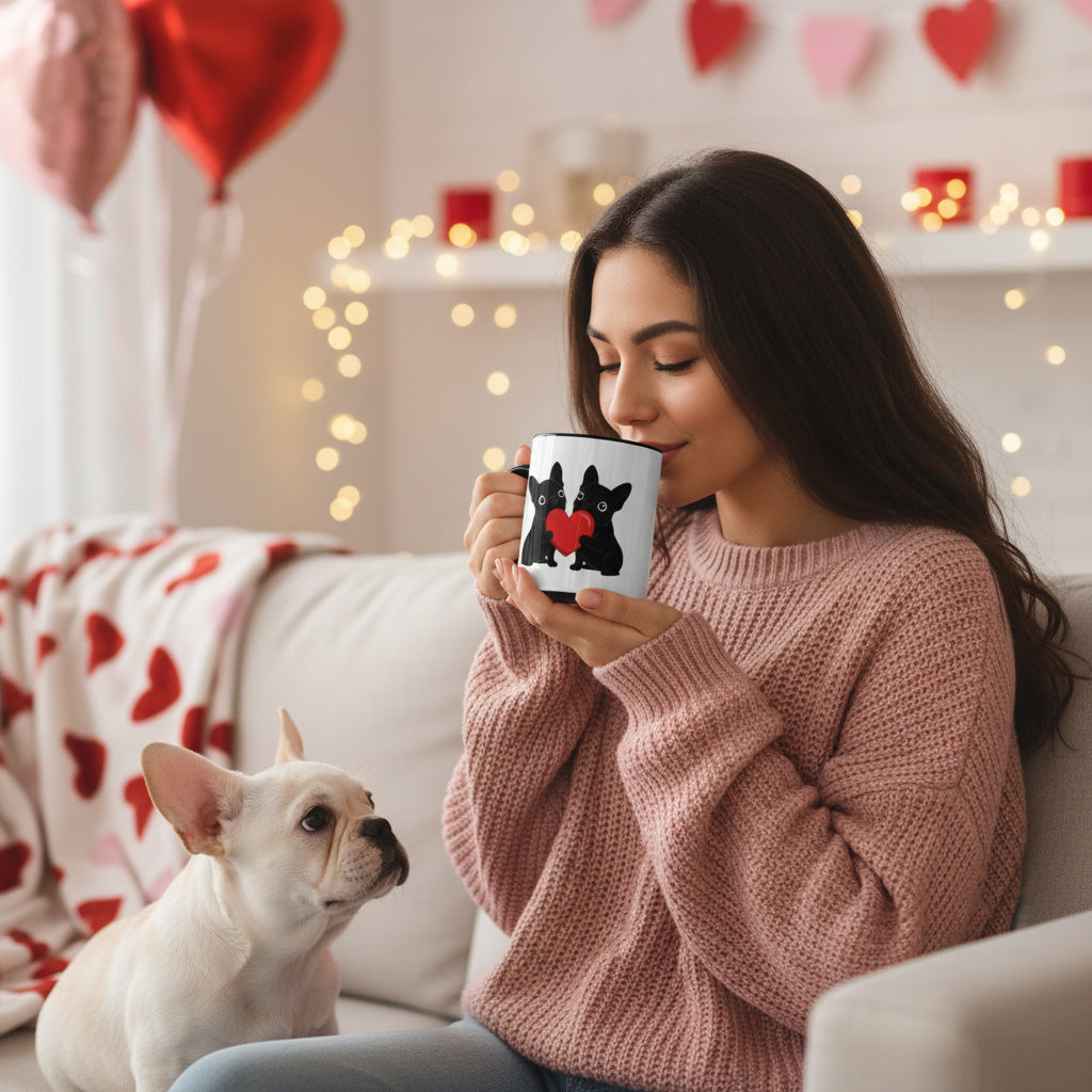 Cute French Bulldog Valentine mug for dog lovers. Frenchie couple heart design, perfect coffee mug gift for Frenchie moms & couples.