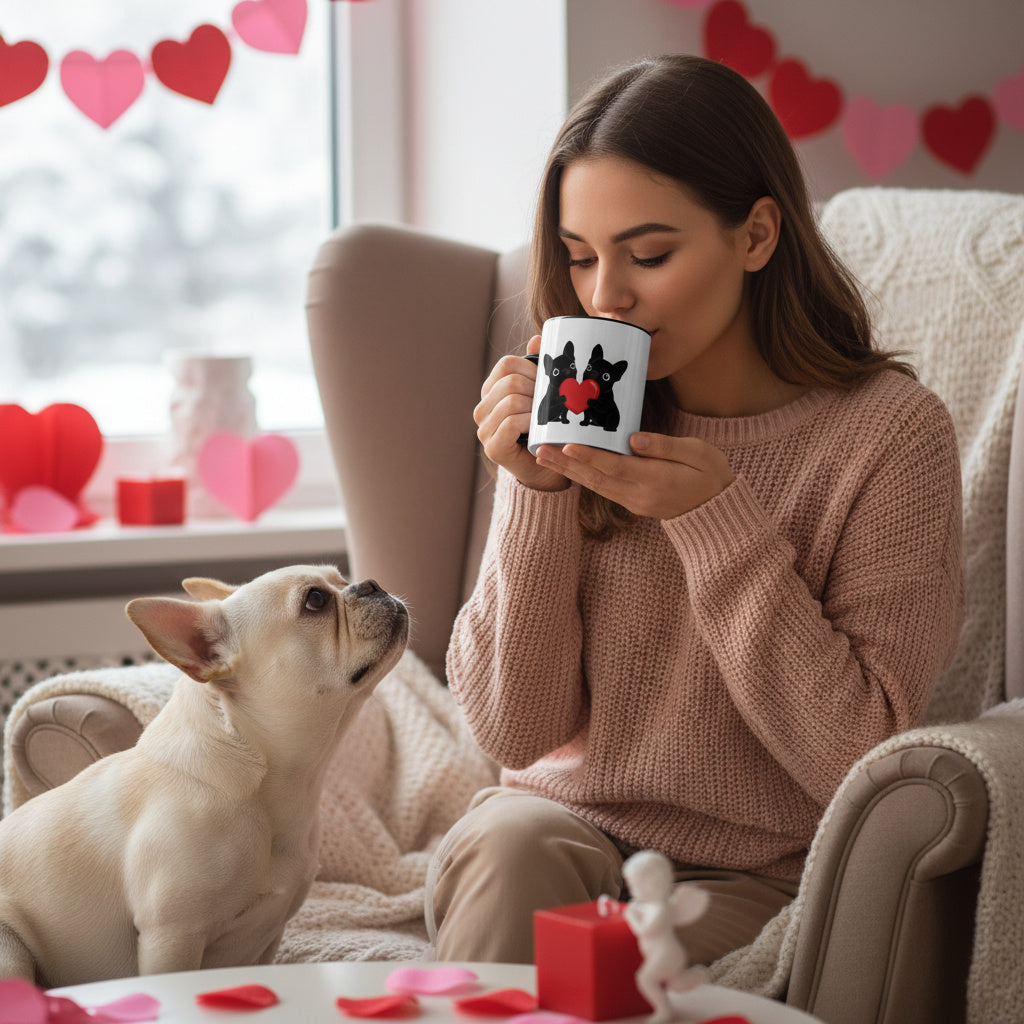 Cute French Bulldog Valentine mug for dog lovers. Frenchie couple heart design, perfect coffee mug gift for Frenchie moms & couples.