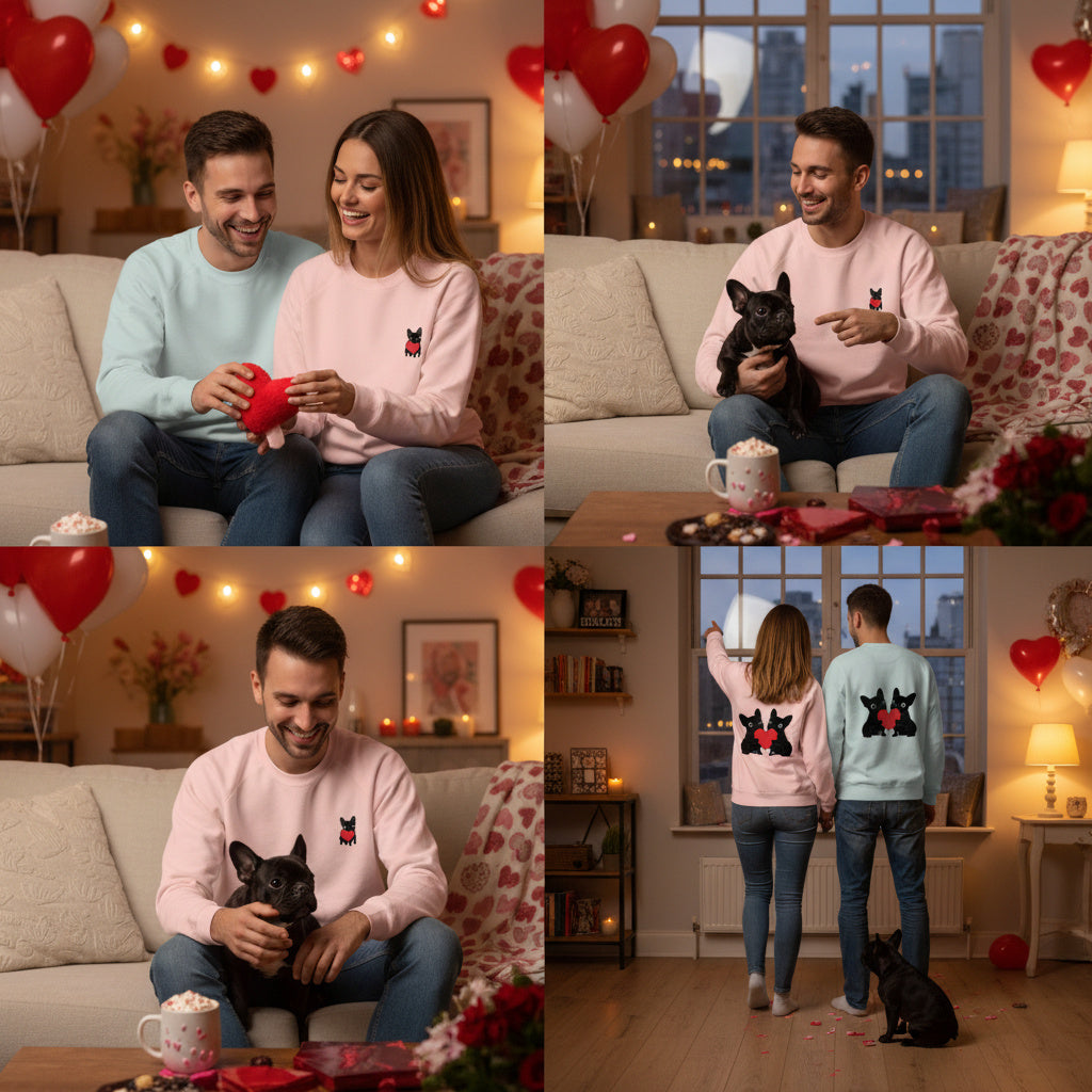 Matching French Bulldog Valentine sweatshirt for couples and dog lovers. Cozy Frenchie couple design, perfect Valentine’s Day gift.
