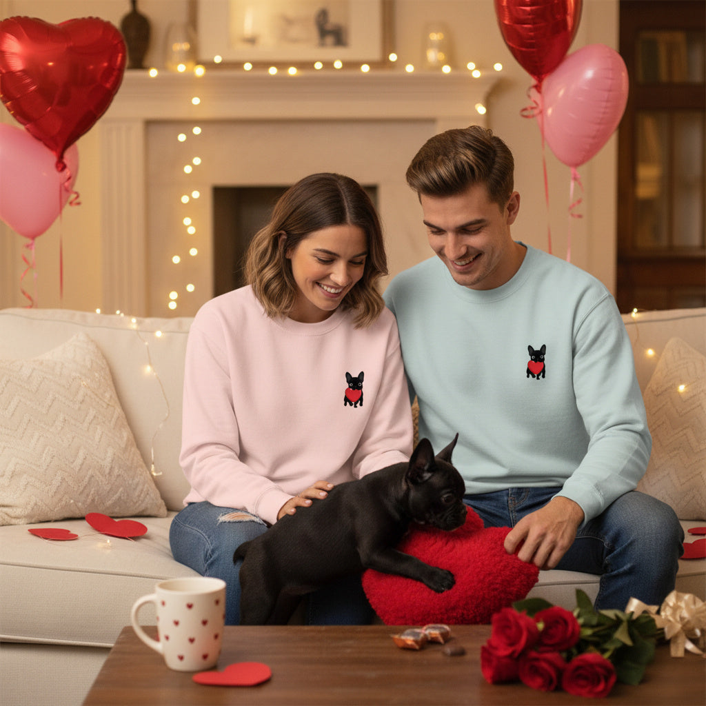 Matching French Bulldog Valentine sweatshirt for couples and dog lovers. Cozy Frenchie couple design, perfect Valentine’s Day gift.
