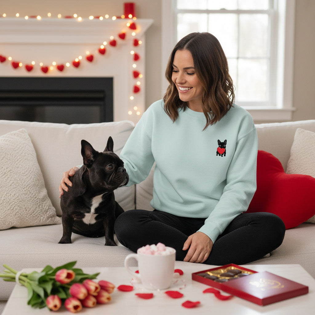 Matching French Bulldog Valentine sweatshirt for couples and dog lovers. Cozy Frenchie couple design, perfect Valentine’s Day gift.