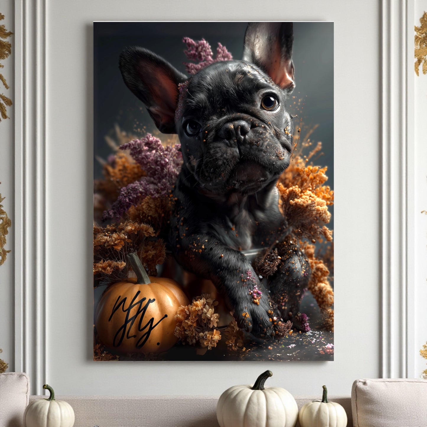 French Bulldog Fall Print: Autumn Pumpkin & Flowers - Dog Lover Gift