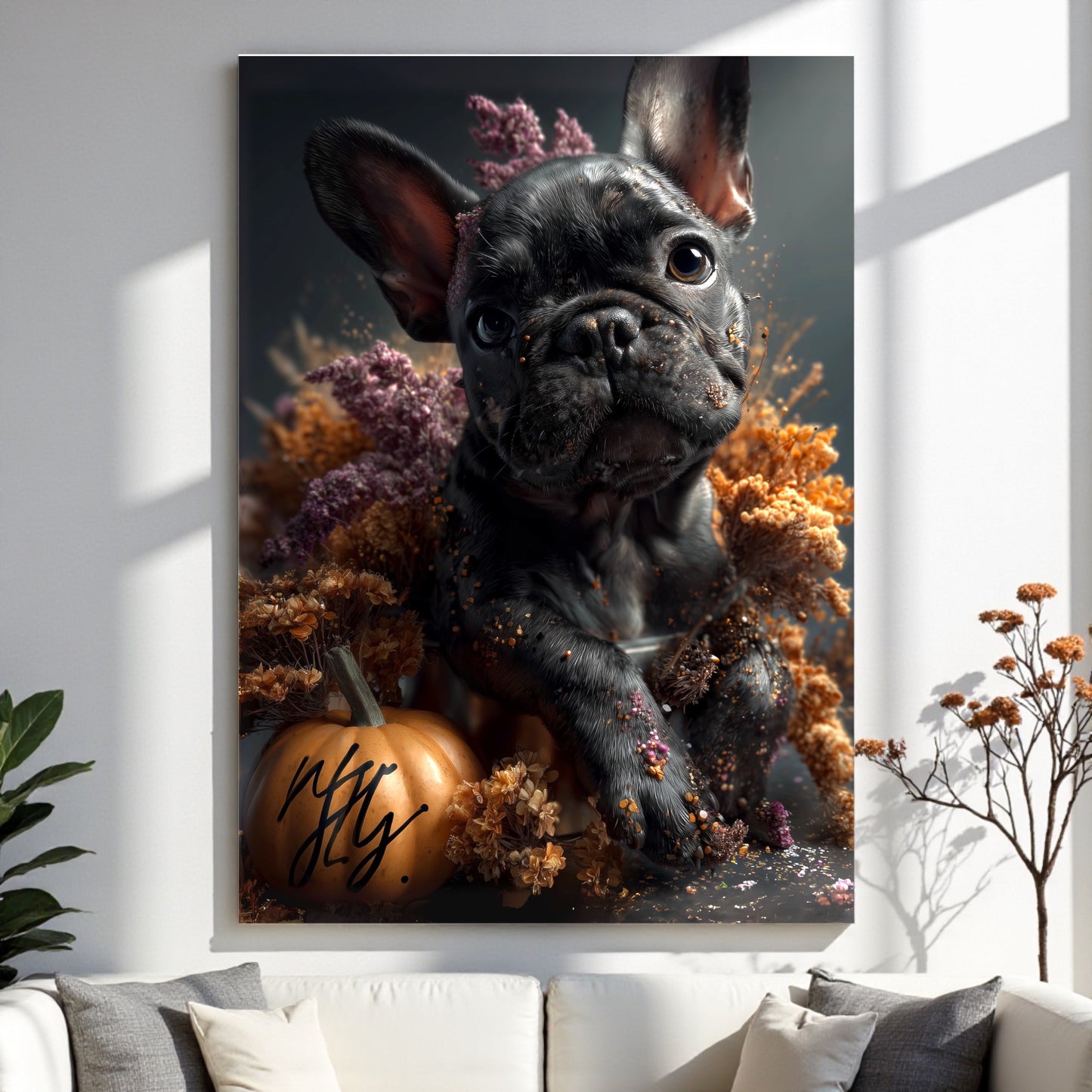 French Bulldog Fall Print: Autumn Pumpkin & Flowers - Dog Lover Gift