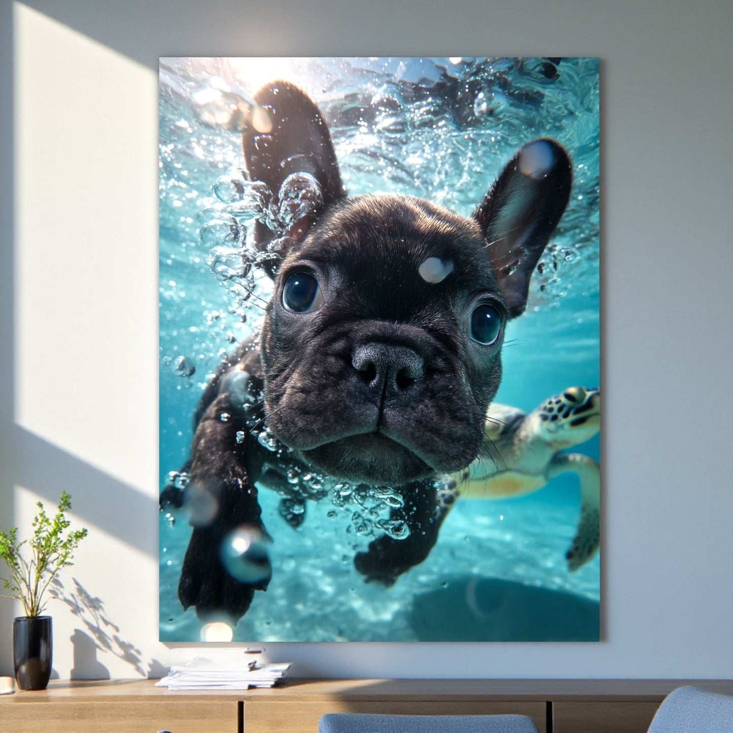 Underwater French Bulldog Poster A2 – Cute Puppy Wall Art – Ocean Animal Print – Beach & Coastal Decor – Gift for Dog Lovers