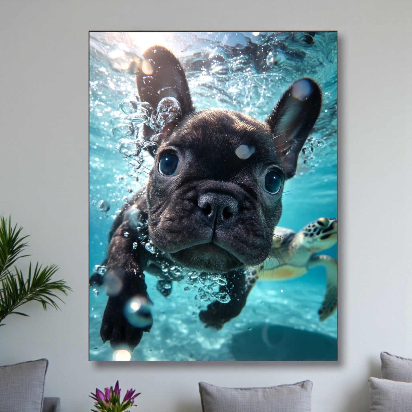 Underwater French Bulldog Poster A2 – Cute Puppy Wall Art – Ocean Animal Print – Beach & Coastal Decor – Gift for Dog Lovers