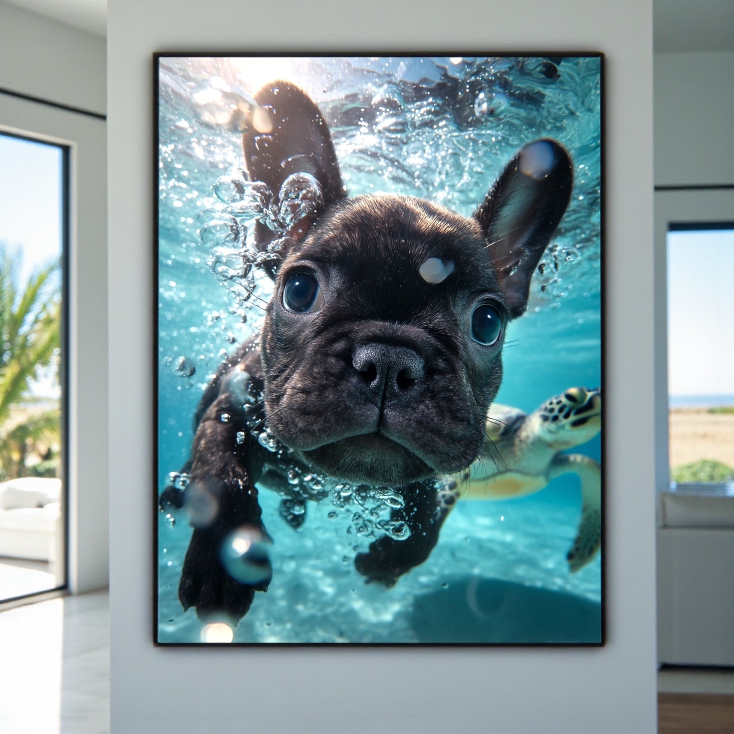 Underwater French Bulldog Poster A2 – Cute Puppy Wall Art – Ocean Animal Print – Beach & Coastal Decor – Gift for Dog Lovers