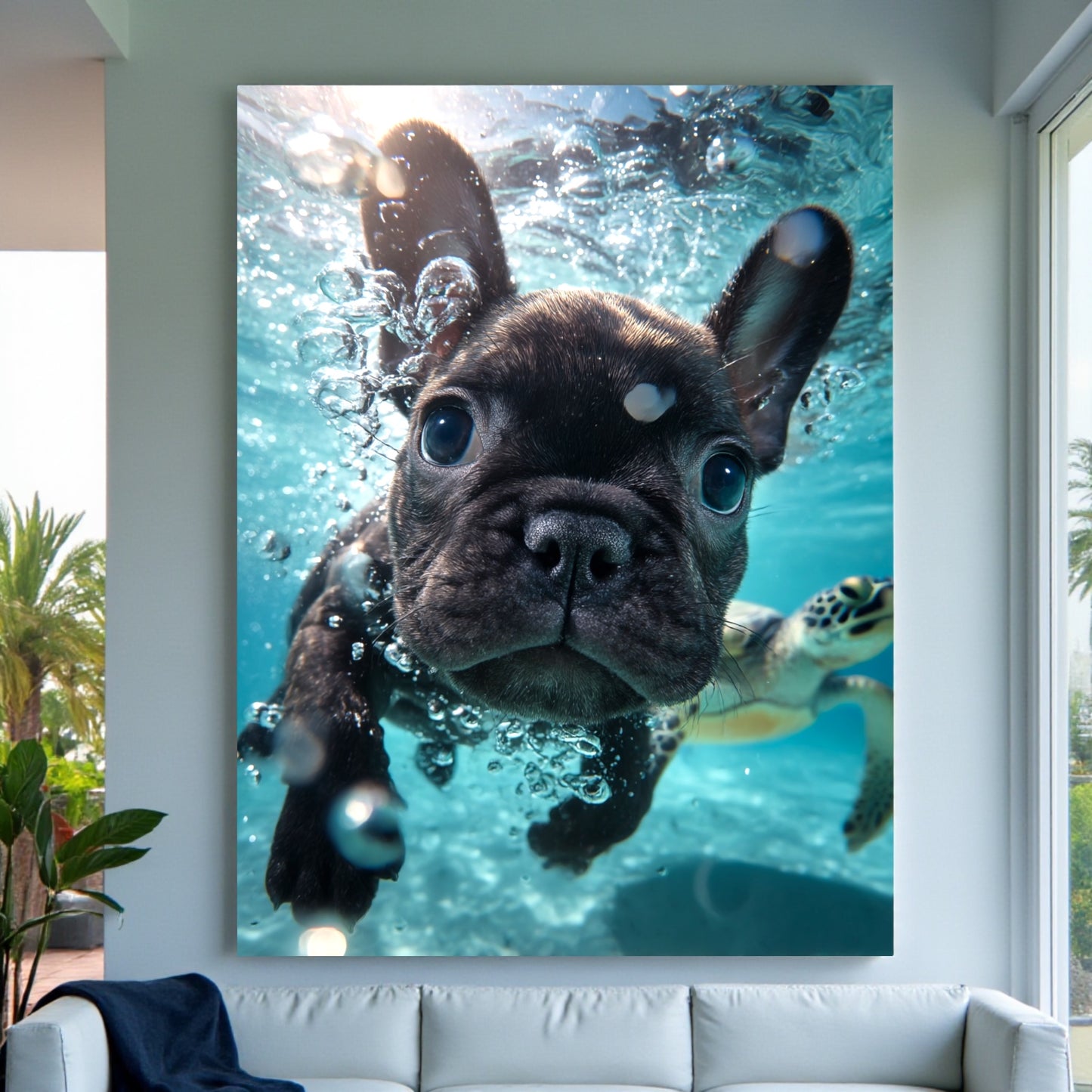 Underwater French Bulldog Poster A2 – Cute Puppy Wall Art – Ocean Animal Print – Beach & Coastal Decor – Gift for Dog Lovers