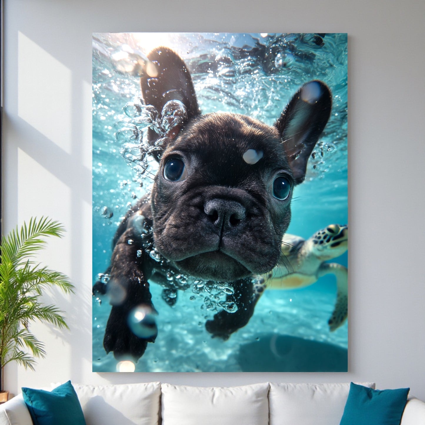 Underwater French Bulldog Poster A2 – Cute Puppy Wall Art – Ocean Animal Print – Beach & Coastal Decor – Gift for Dog Lovers