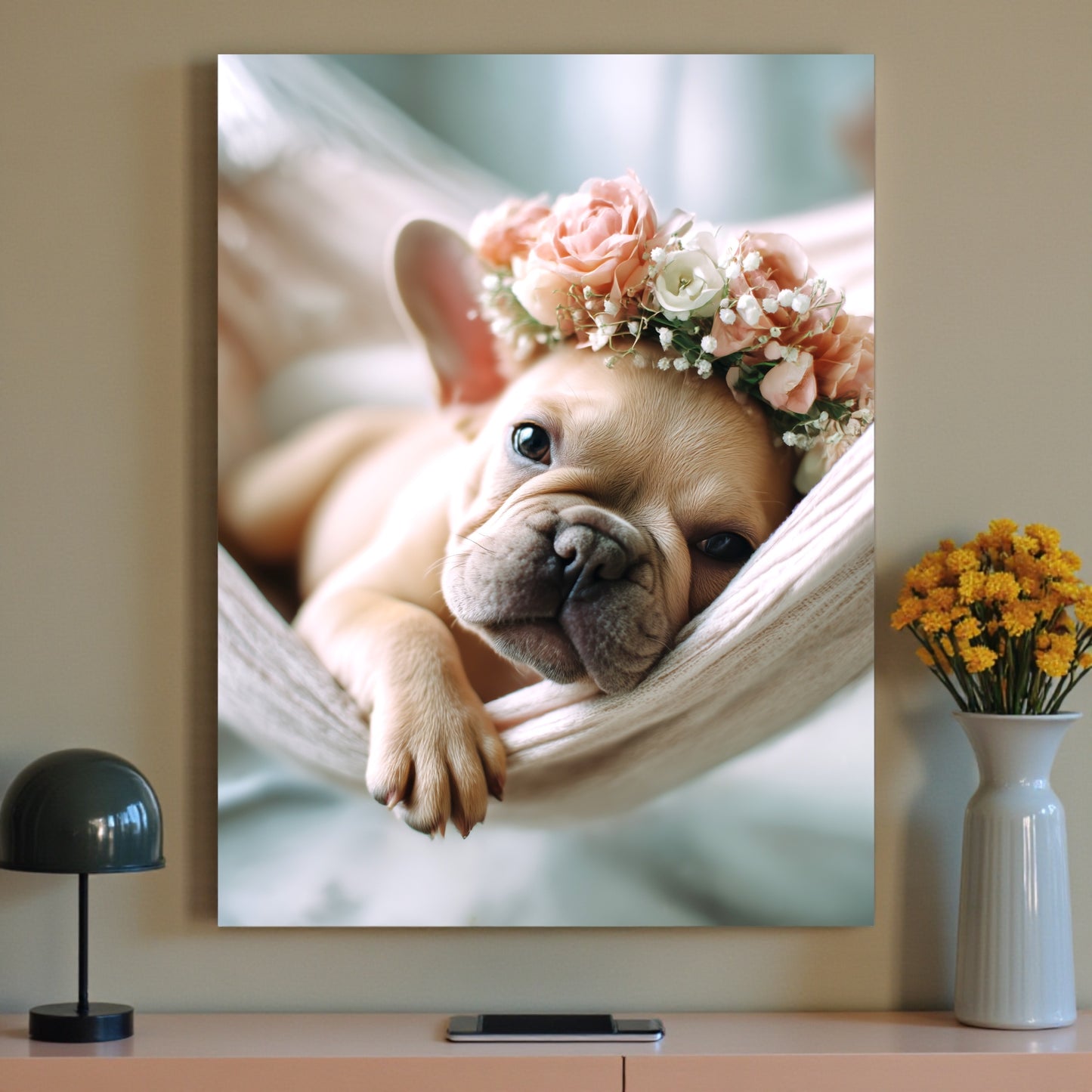 French Bulldog Puppy Print: Flower Crown, Pastel Nursery Art (A2 Poster)
