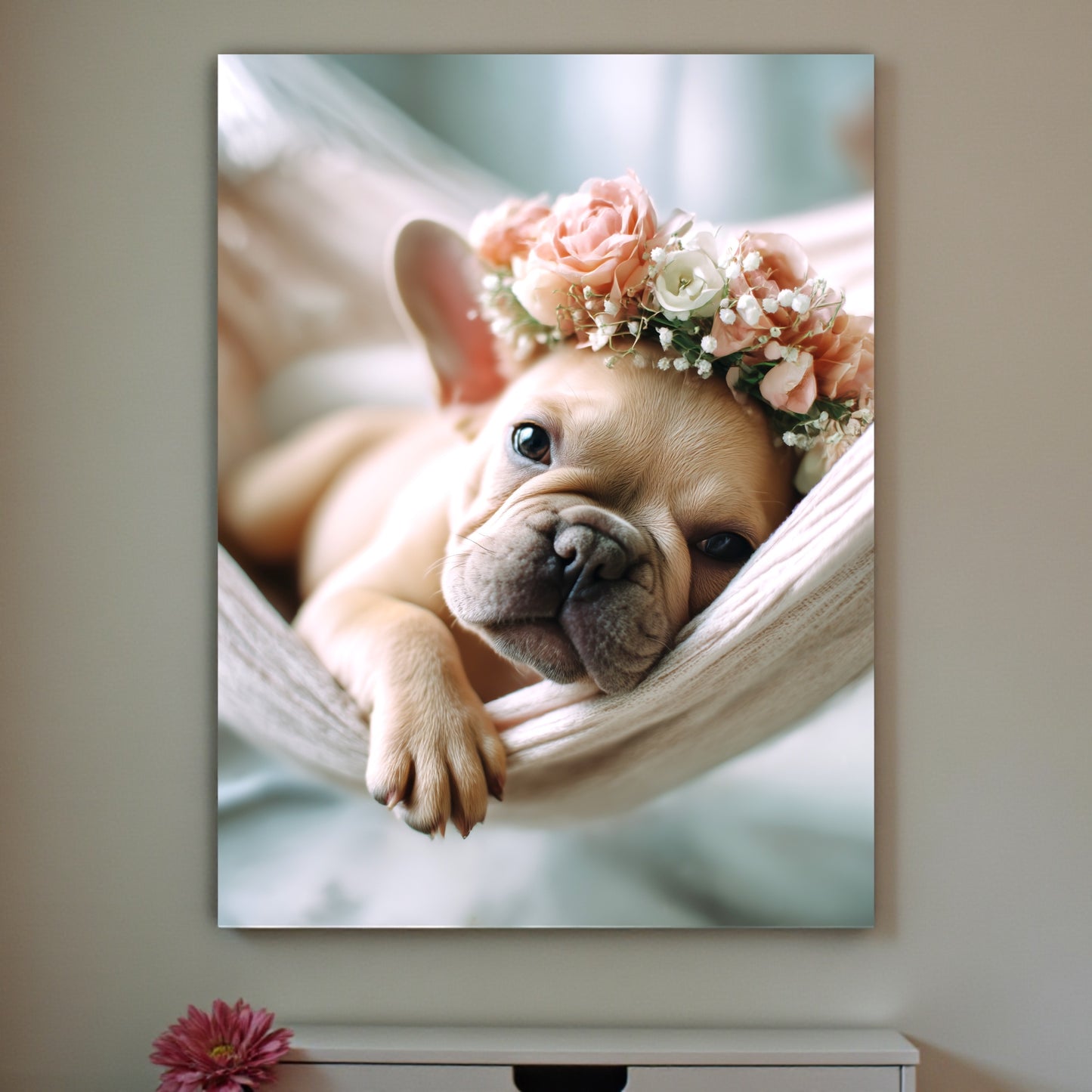 French Bulldog Puppy Print: Flower Crown, Pastel Nursery Art (A2 Poster)