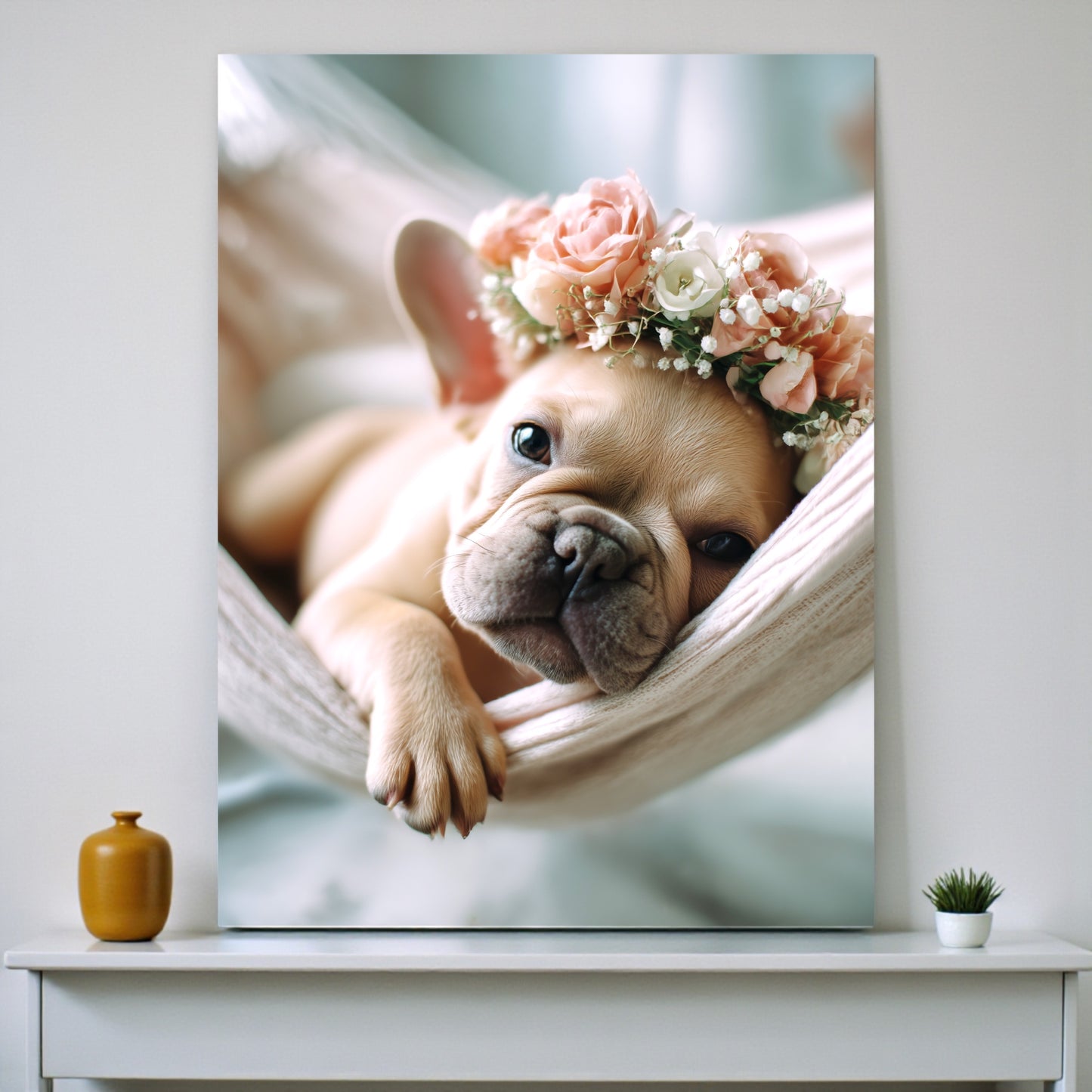French Bulldog Puppy Print: Flower Crown, Pastel Nursery Art (A2 Poster)