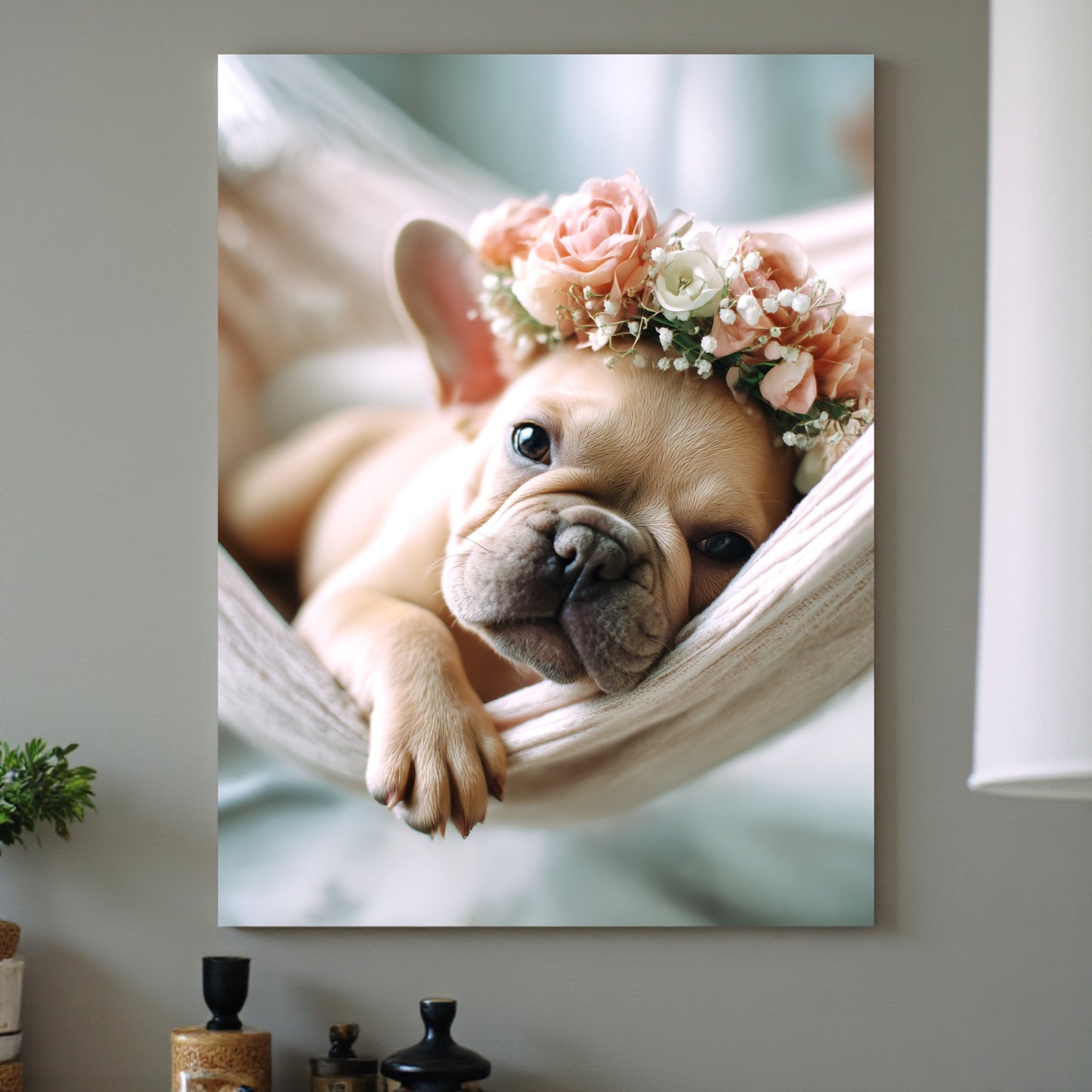 French Bulldog Puppy Print: Flower Crown, Pastel Nursery Art (A2 Poster)