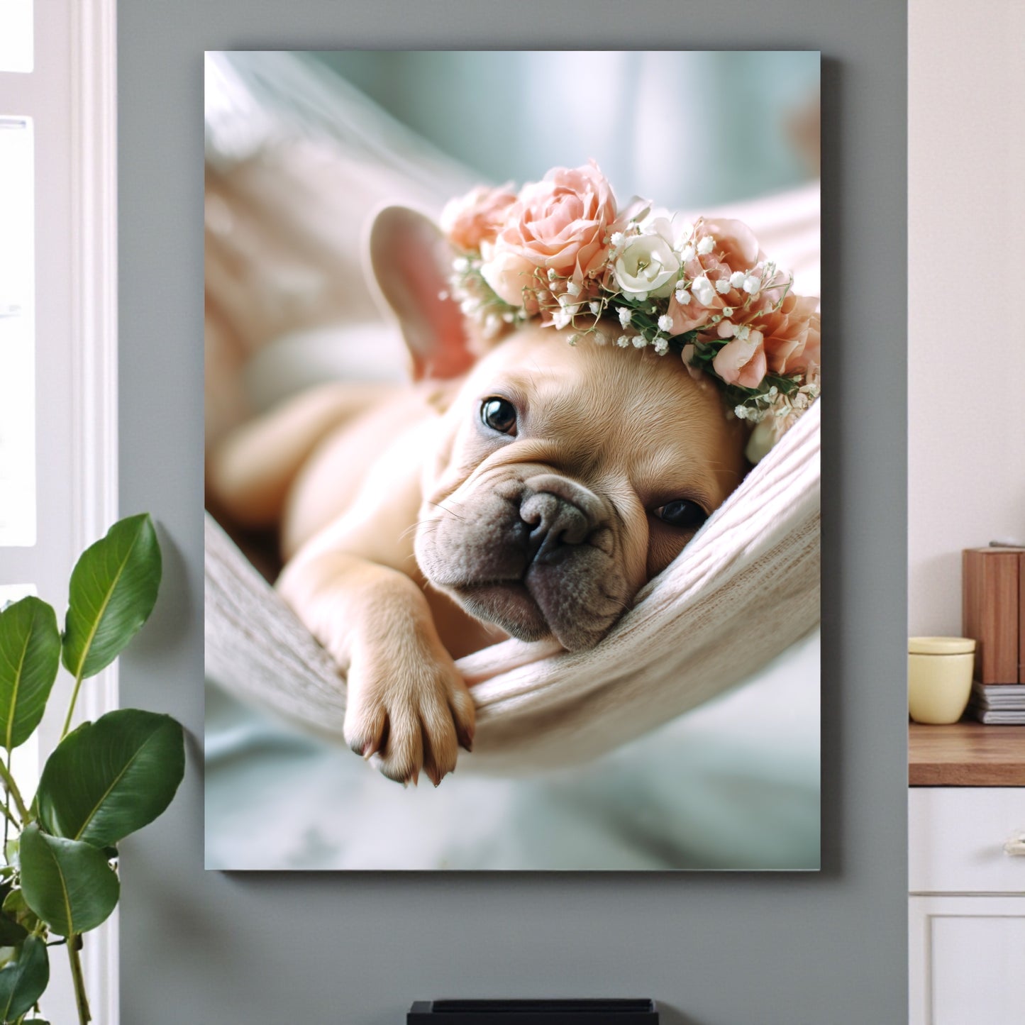 French Bulldog Puppy Print: Flower Crown, Pastel Nursery Art (A2 Poster)