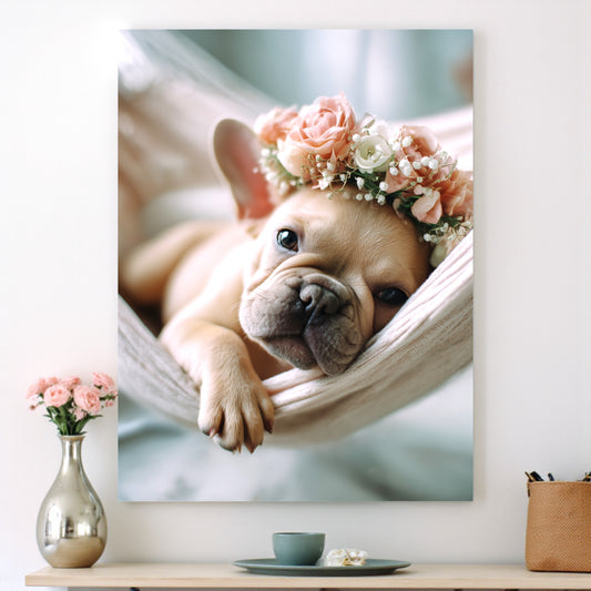 French Bulldog Puppy Print: Flower Crown, Pastel Nursery Art (A2 Poster)