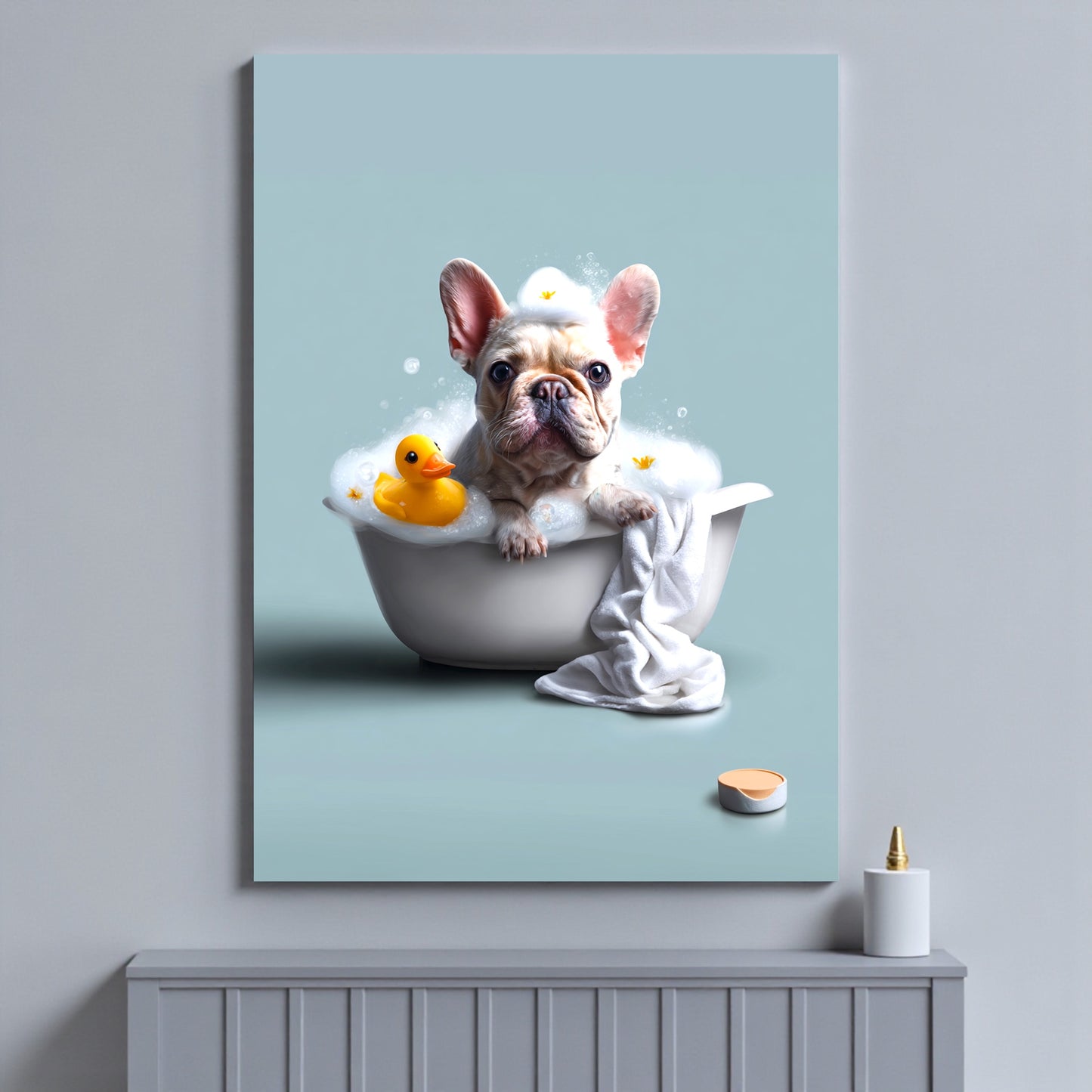 French Bulldog in Bathtub Art Print: Funny Bathroom Pet Decor (A2 Size)
