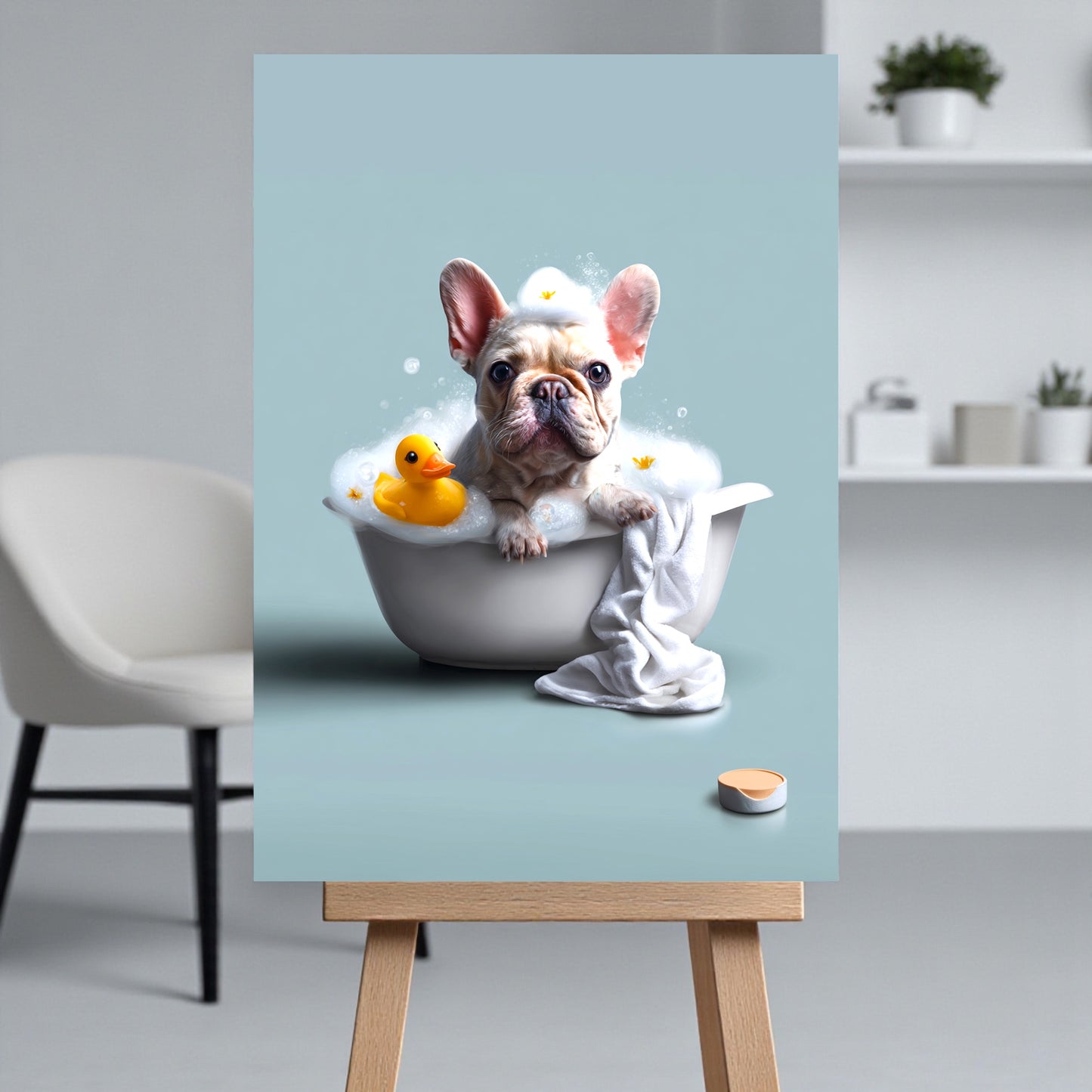 French Bulldog in Bathtub Art Print: Funny Bathroom Pet Decor (A2 Size)