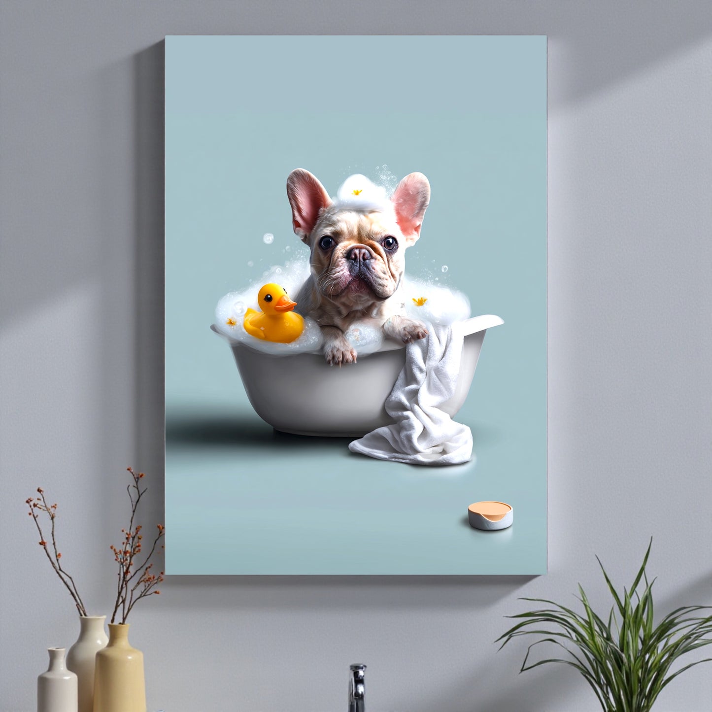 French Bulldog in Bathtub Art Print: Funny Bathroom Pet Decor (A2 Size)