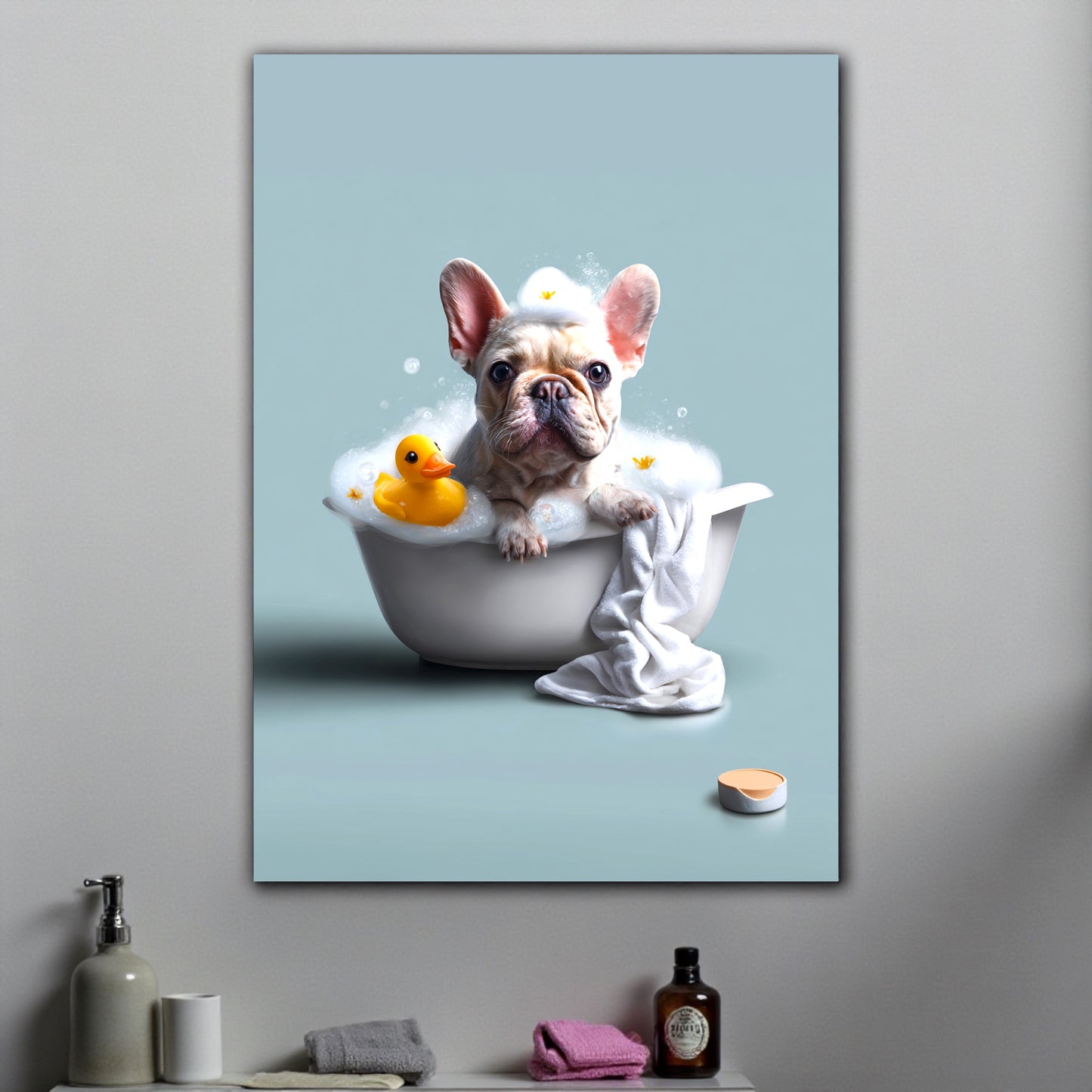 French Bulldog in Bathtub Art Print: Funny Bathroom Pet Decor (A2 Size)