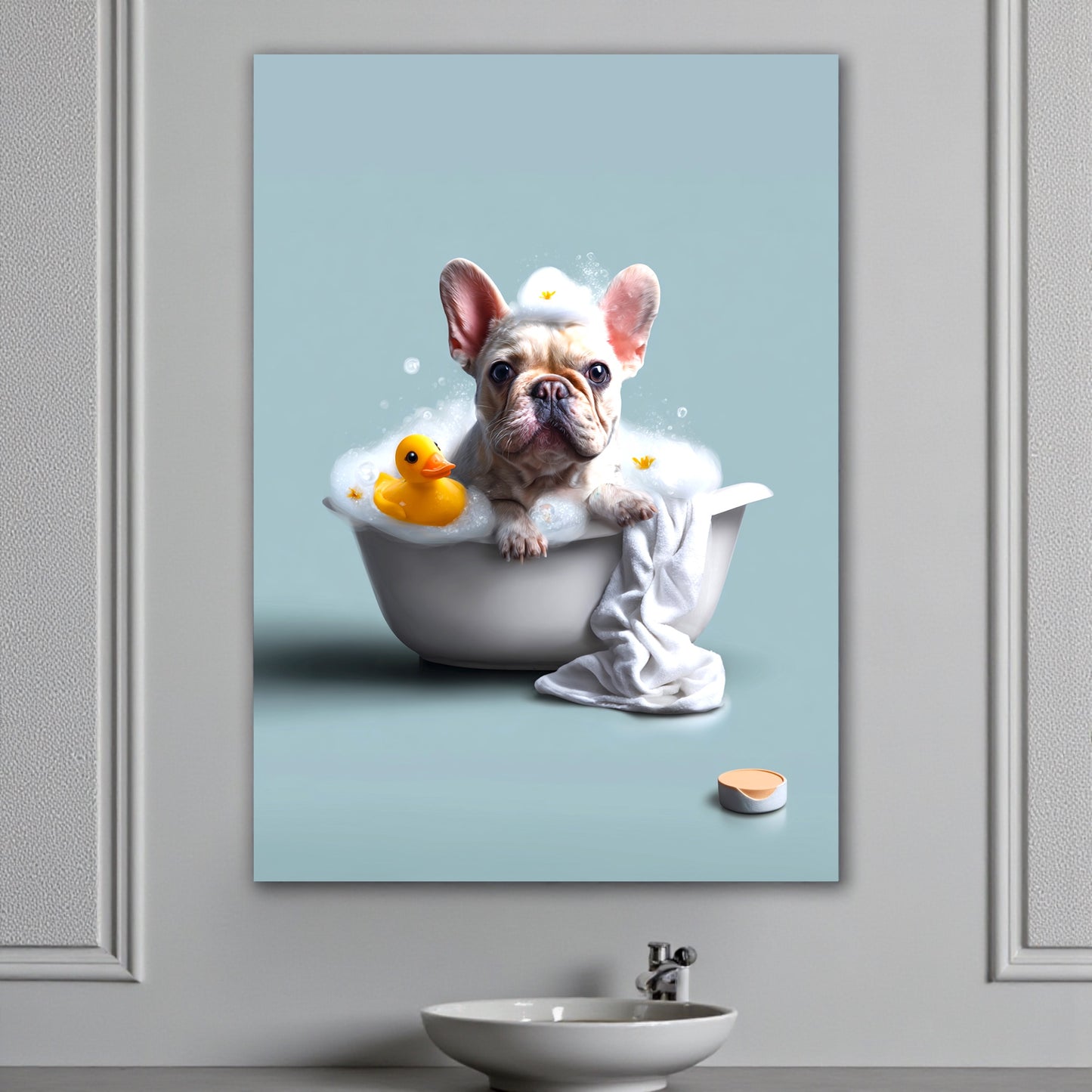 French Bulldog in Bathtub Art Print: Funny Bathroom Pet Decor (A2 Size)