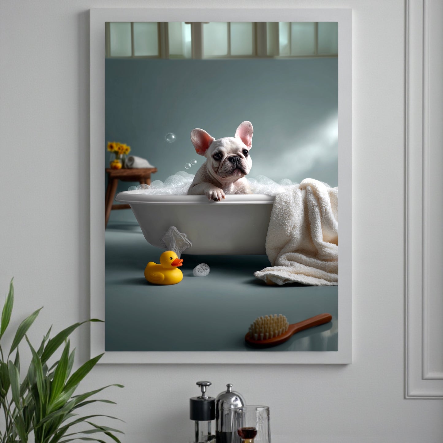 French Bulldog in Bathtub Art Print: Funny Bathroom Decor, poster A2