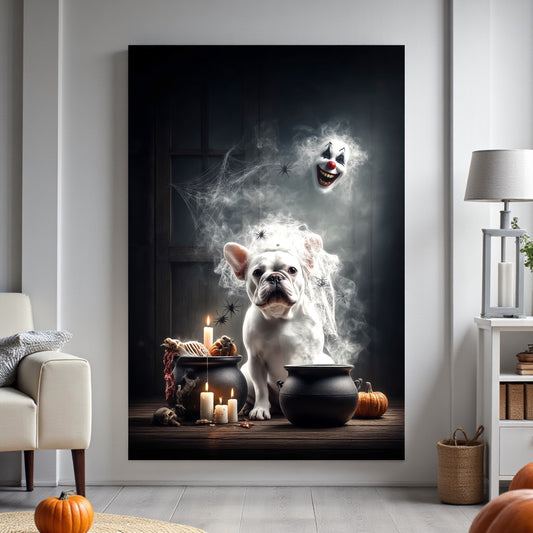 Gothic French Bulldog Halloween Poster: Spooky Cauldron, Clown Mask - A2 Print