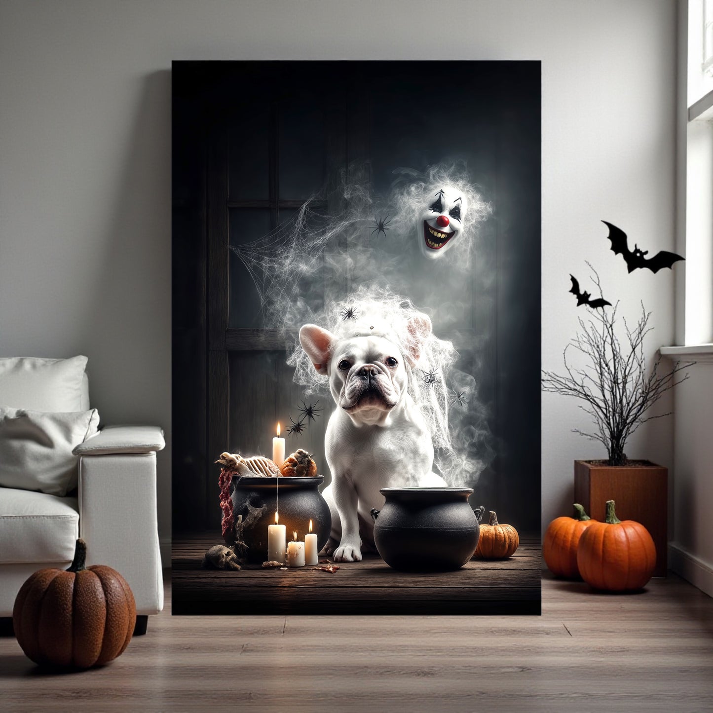 Gothic French Bulldog Halloween Poster: Spooky Cauldron, Clown Mask - A2 Print