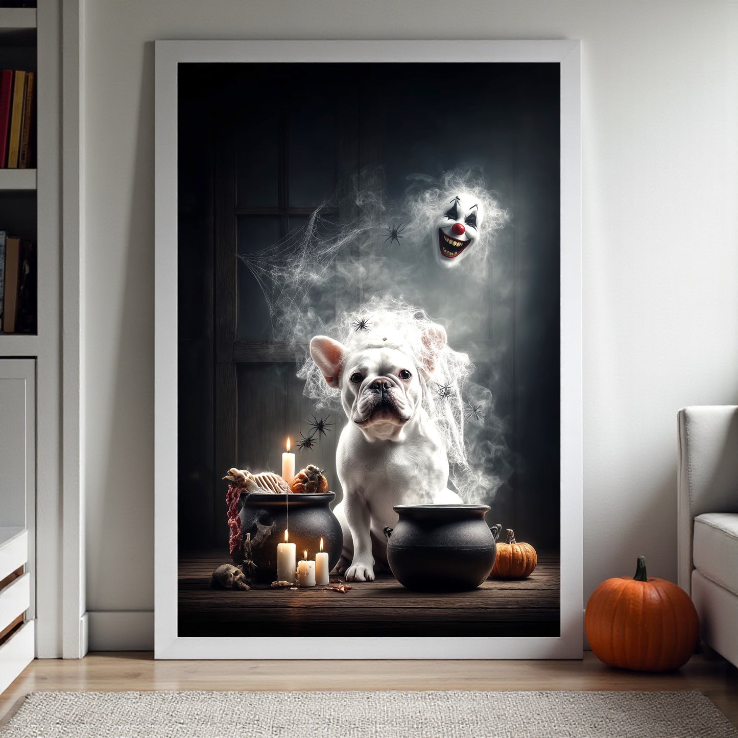 Gothic French Bulldog Halloween Poster: Spooky Cauldron, Clown Mask - A2 Print