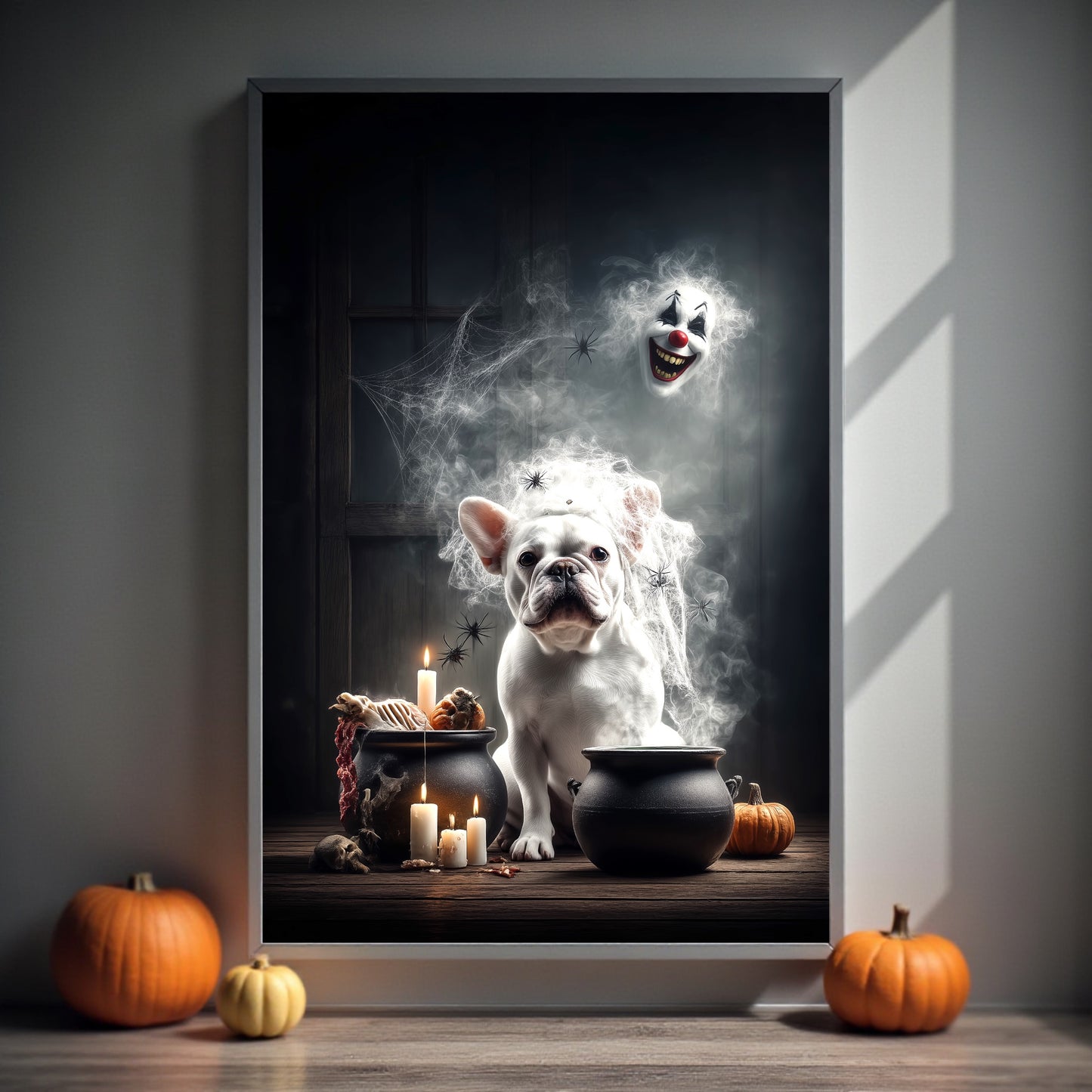 Gothic French Bulldog Halloween Poster: Spooky Cauldron, Clown Mask - A2 Print